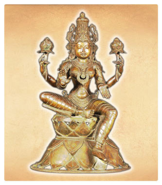 Seated Bronze Lakshmi Statue Holding Lotus Flowers