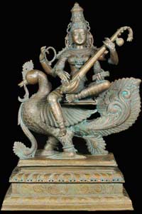 Bronze Hindu Goddess Saraswati Statue Seated on Swan