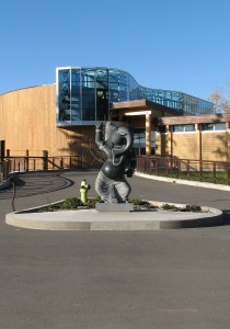 Dancing Ganesh statue in front of the Elephant Crossings exhibit in Calgary Zoo. Hindu God Ganesh Dancing Stone Statue