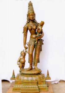 Bronze Parvati statue with her sons Ganesh and Murugan