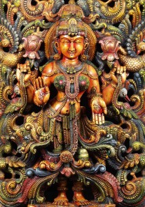 Wooden Lakshmi Carving Wood Statue of the Hindu Goddess Lakshmi