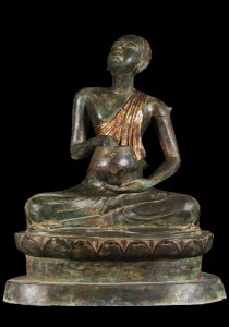 Buddhist monk statue holding alms bowl