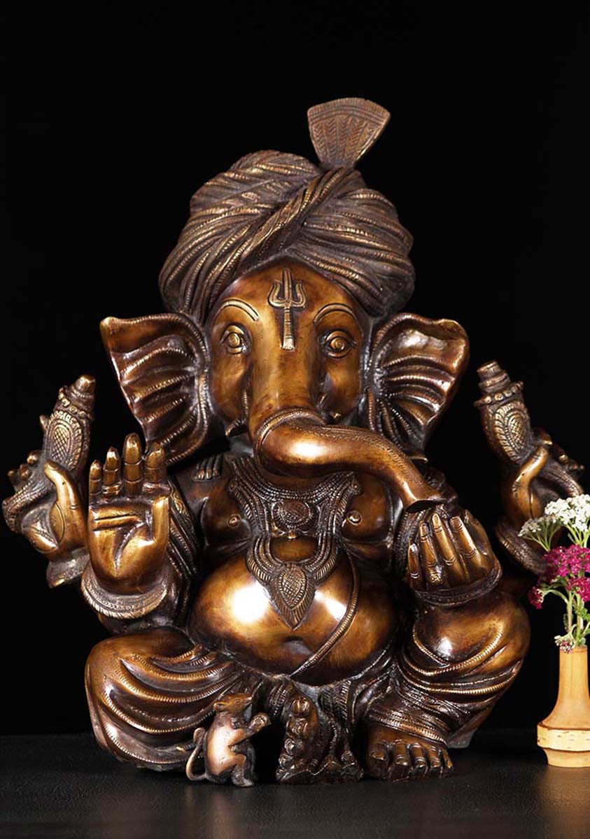 Brass Ganesha Statue Wearing Turban in the Abhaya Mudra with Large Trident Tilak 17"