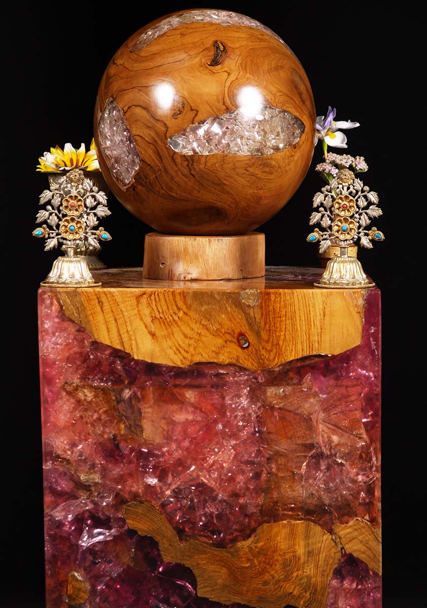 Hand Carved Wooden Ball/Orb with Purple Infused Resin Hand Carved in Bali, Indonesia 9"