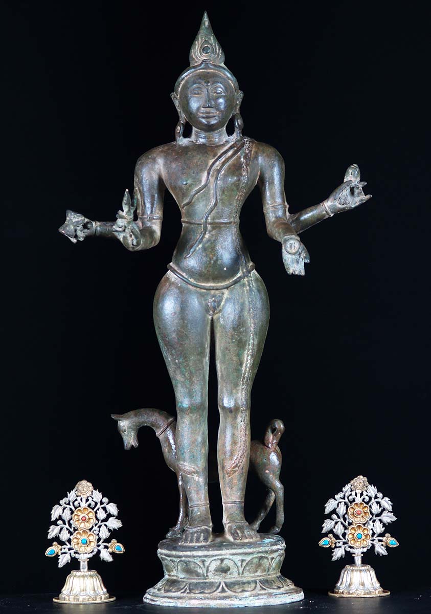 Shiva as Vatuka Bhairava with Dog Holding Skull Cup, Trident Conch & Drum Unique Thailand Statue 25"