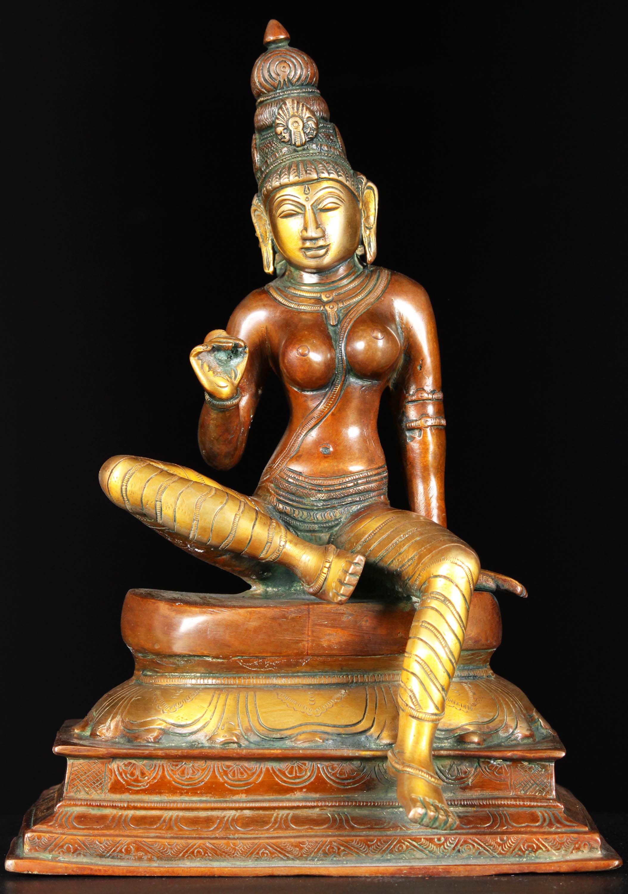 Beautiful Brass Seated Hindu Goddess Parvati as Bogashakti Statue on Lotus Base 13"