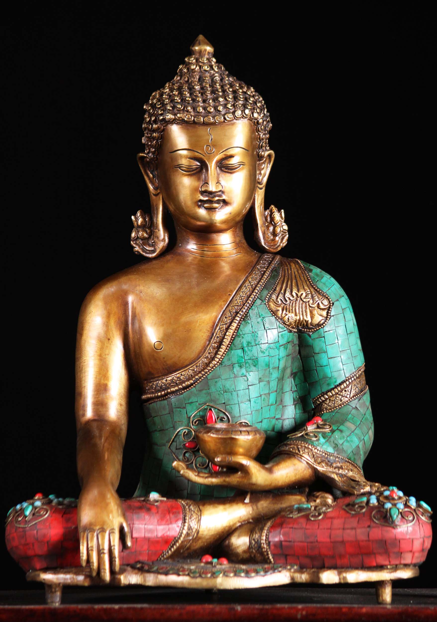Medicine Buddha Statue Holding Alms Bowl in Earth Touching Mudra with Colored Stones 16"