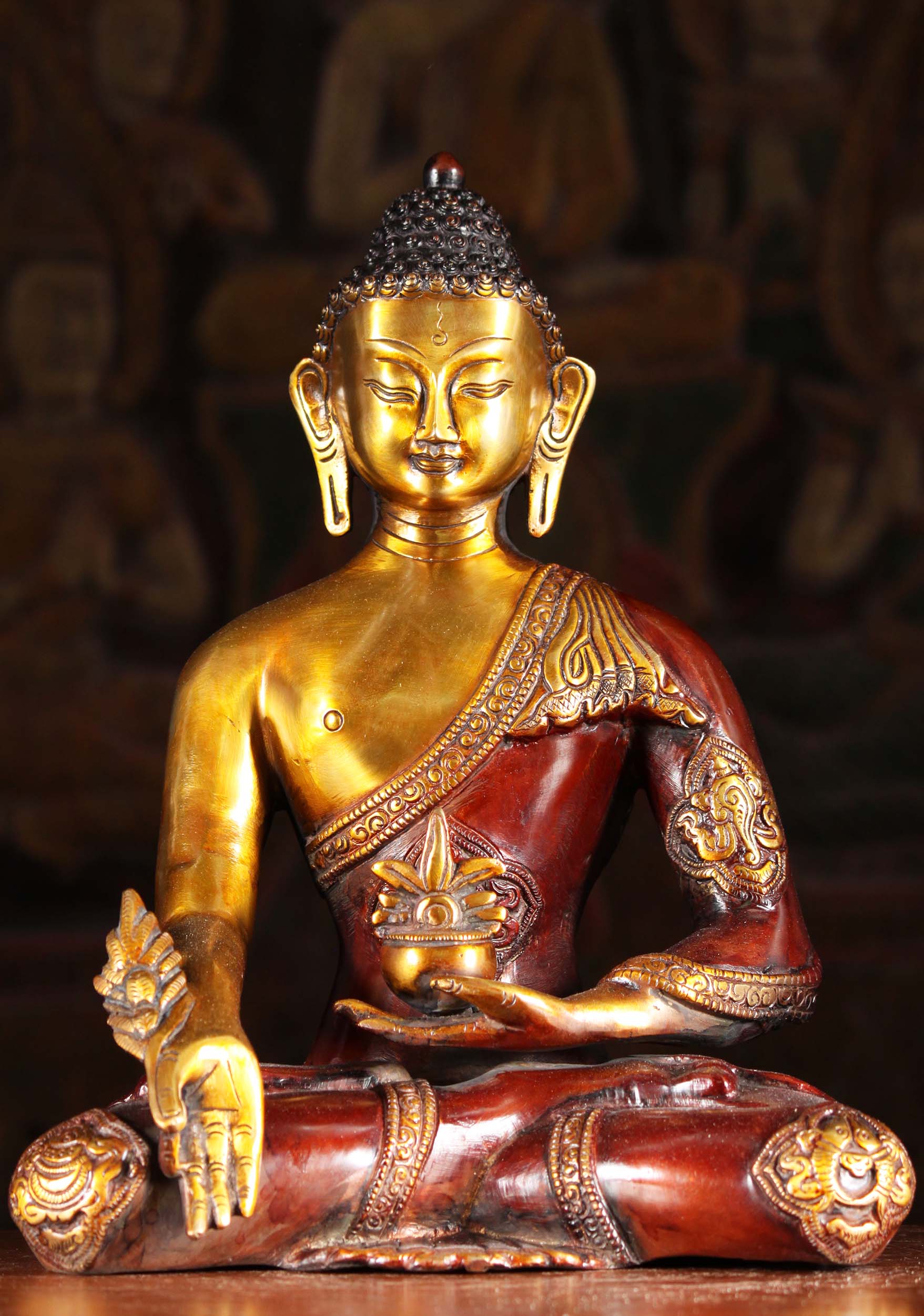 Medicine Buddha Holding Healing Sprig of Myrobalan & Alms Bowl Indian Brass Statue 11"