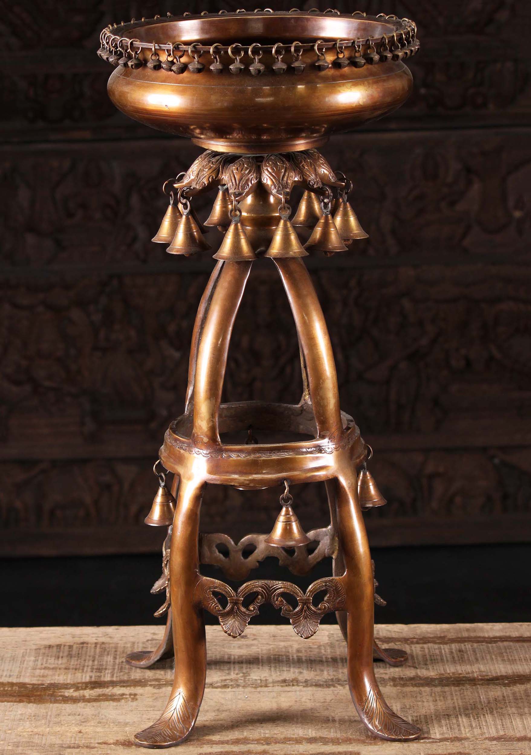 Tall Brass Ceremonial Water Vessel, Urli with Bells Perfect for Temples or Home Altars 28"
