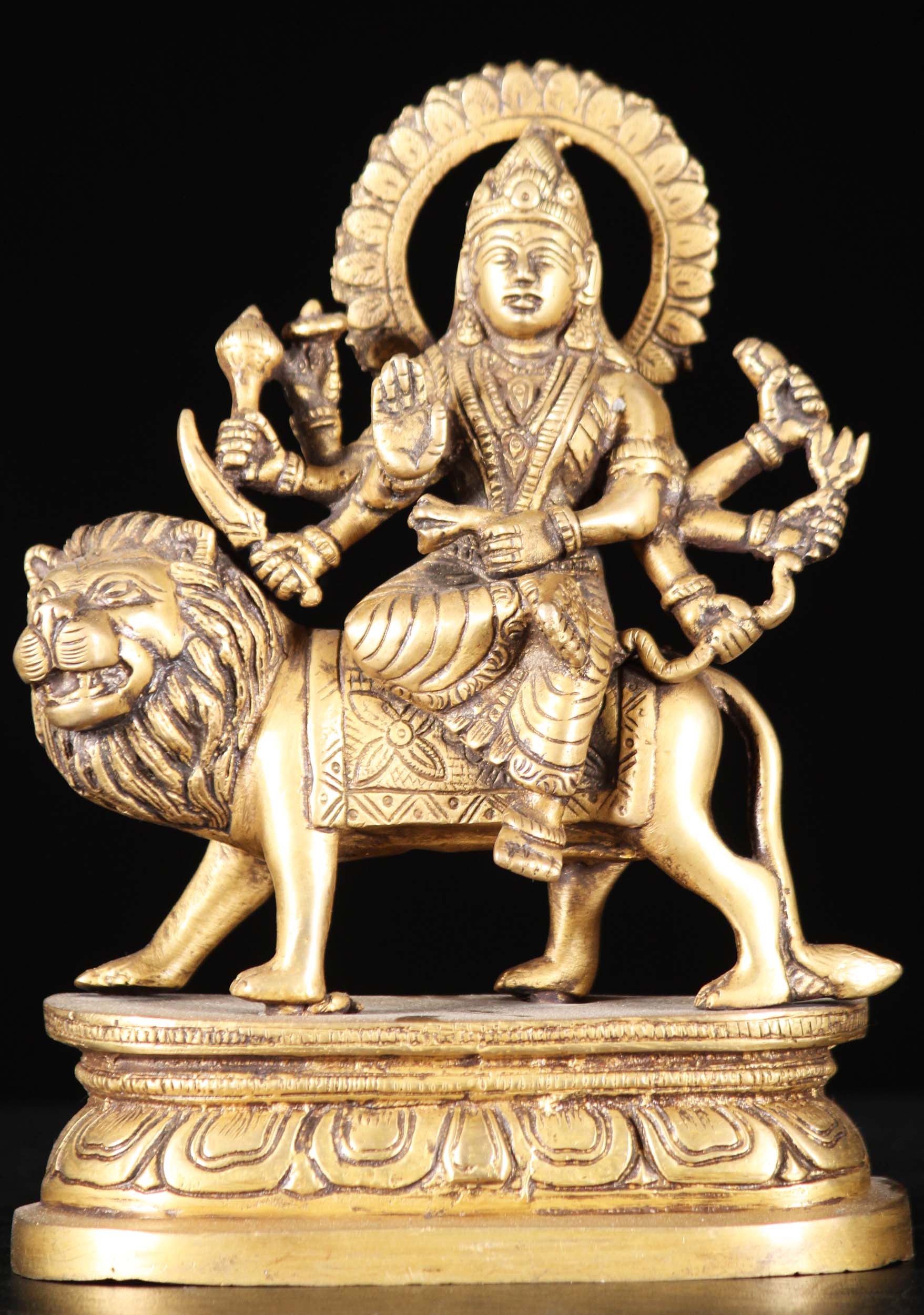 Brass Hindu Goddess Durga Statue Seated on Her Vehicle, a Lion with 8 Arms Holding Weapons 8"