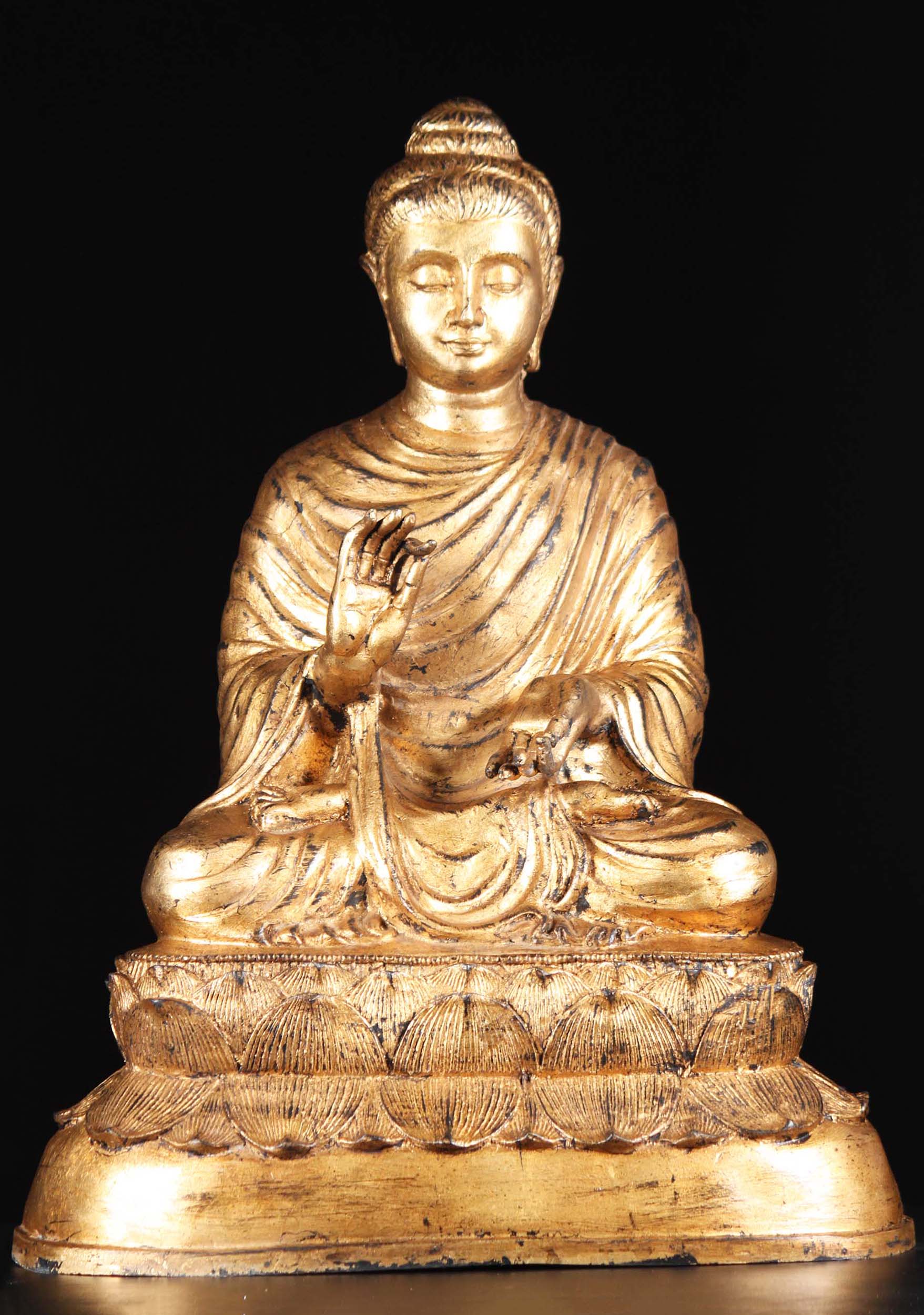 Antique Gold Leaf Gandhara Buddha in Dharma Chakra Mudra Turning the Wheel of Dharma 27"