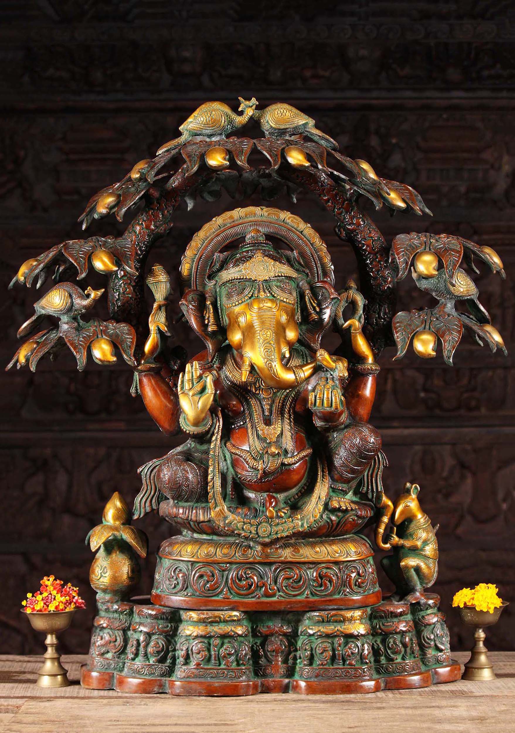 Brass Ganesh Seated Beneath Canopy Filled with Mangos & Peacocks with Rat Playing Horn 28"