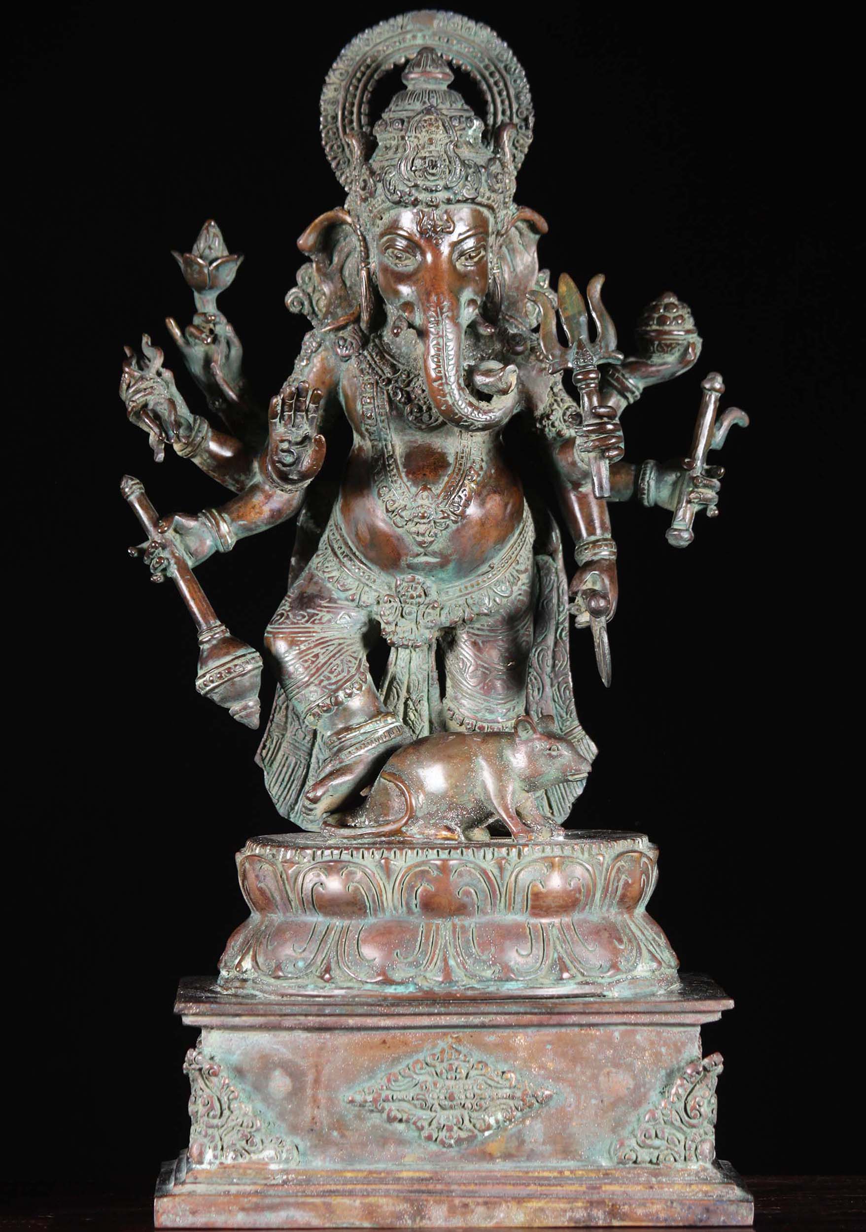 Brass High Quality Ganesh Statue with 8 Arms Standing on His Vehicel Mooshika the Rat 18"