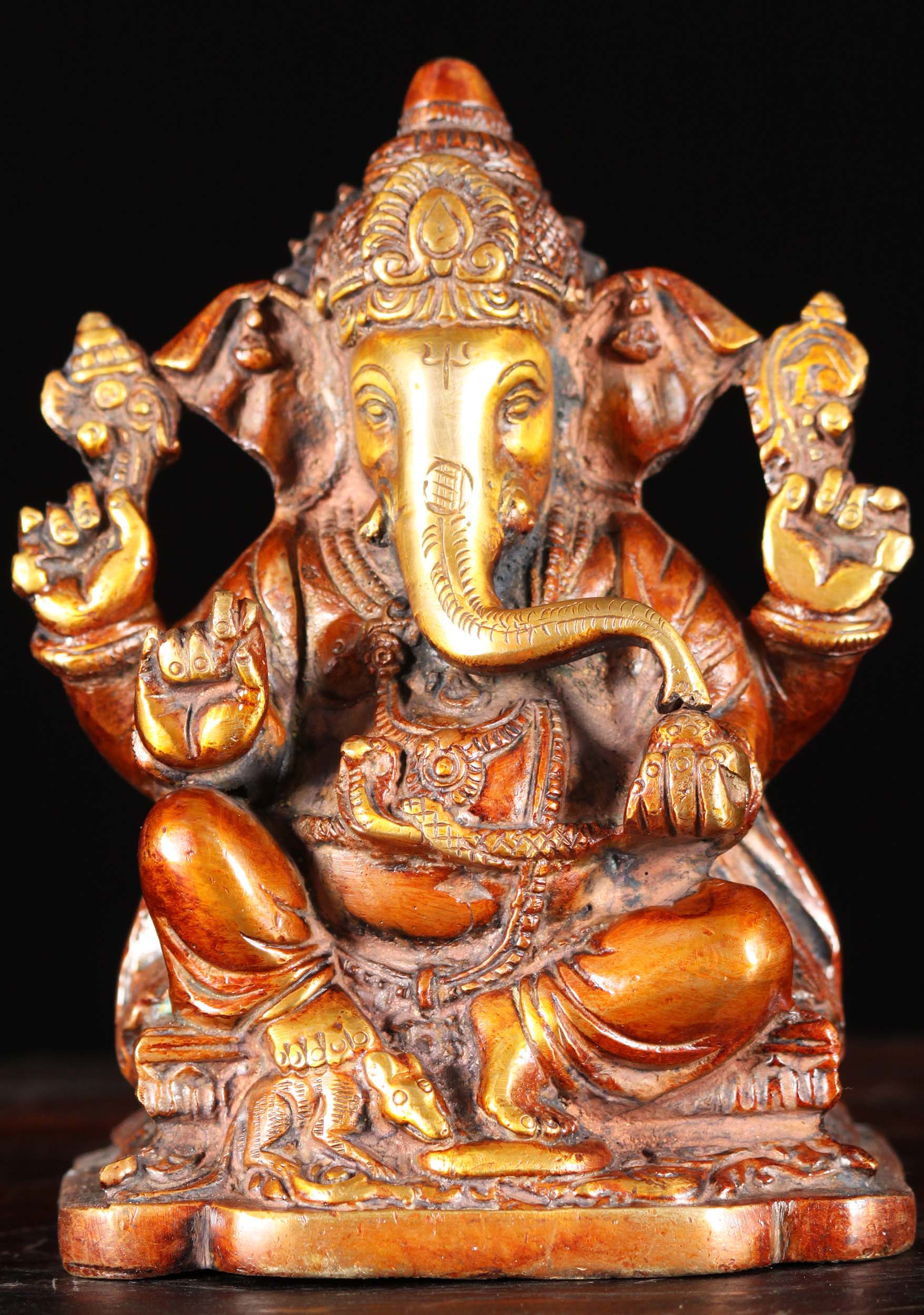 Small Brass Ganesha Statue Holding Laddus and Broken Tusk Seated with Mooshika  6"