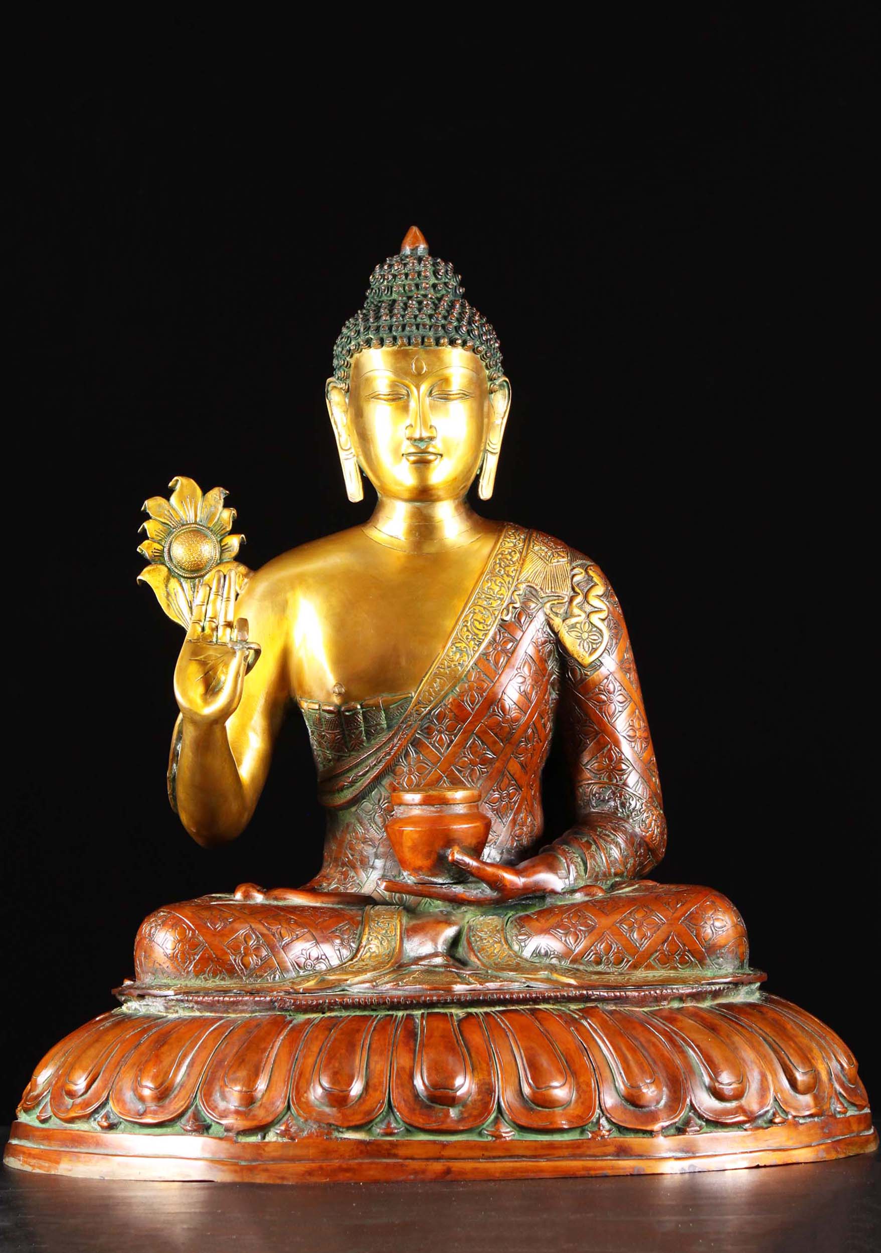 Brass Medicine Buddha Statue Holding Flower 28"