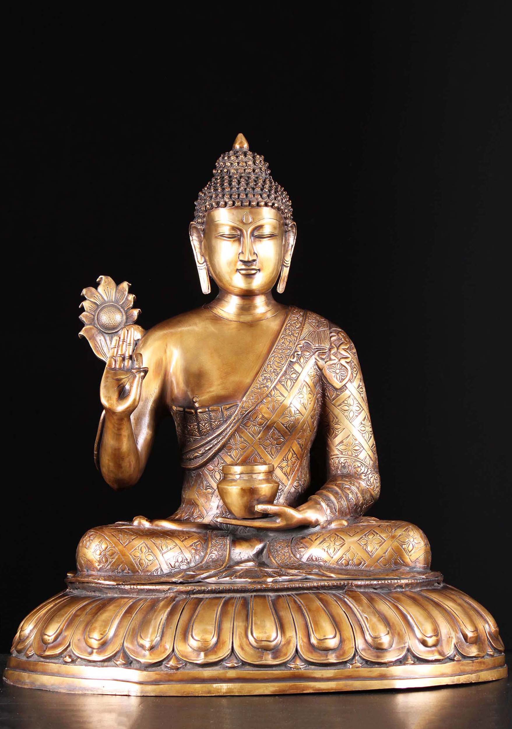 Brass India Style Medicine Buddha Statue on Lotus Base Holding Flower & Alms Bowl 28"