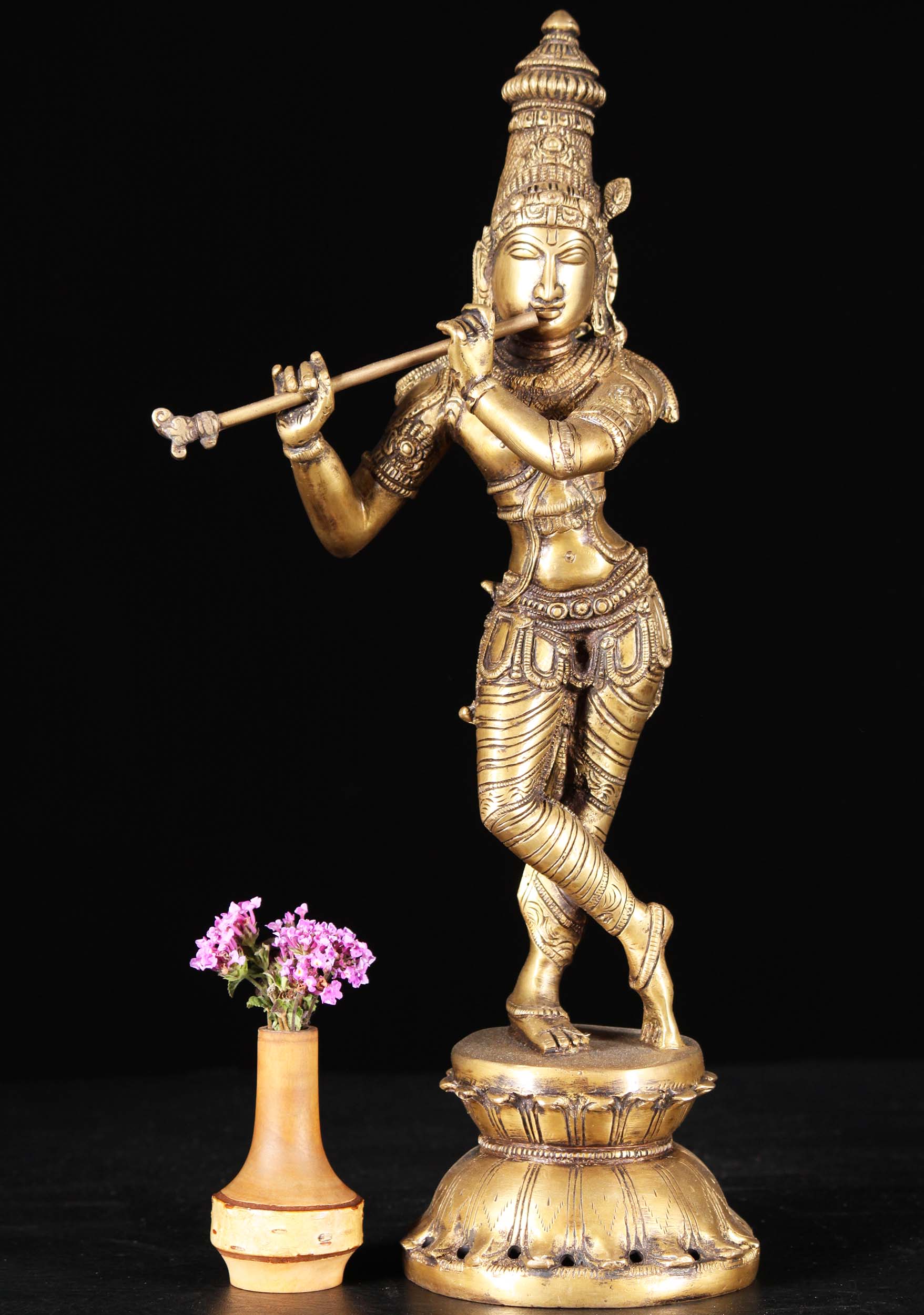 Brass Gopal Krishna Statue Playing the Flute 15"