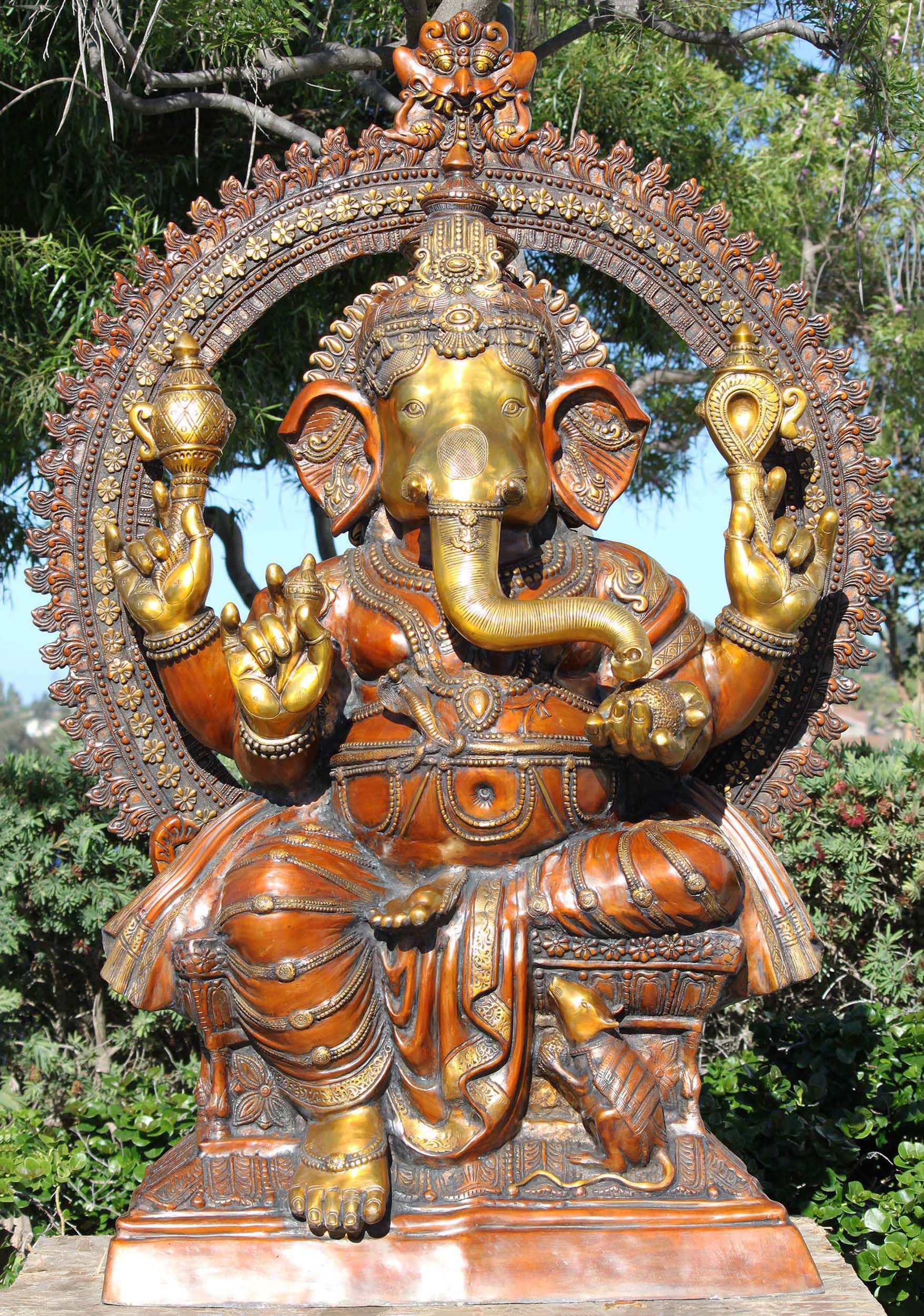 Gangesindia Sitting Ganpati Brass Statue in Brown Finish 