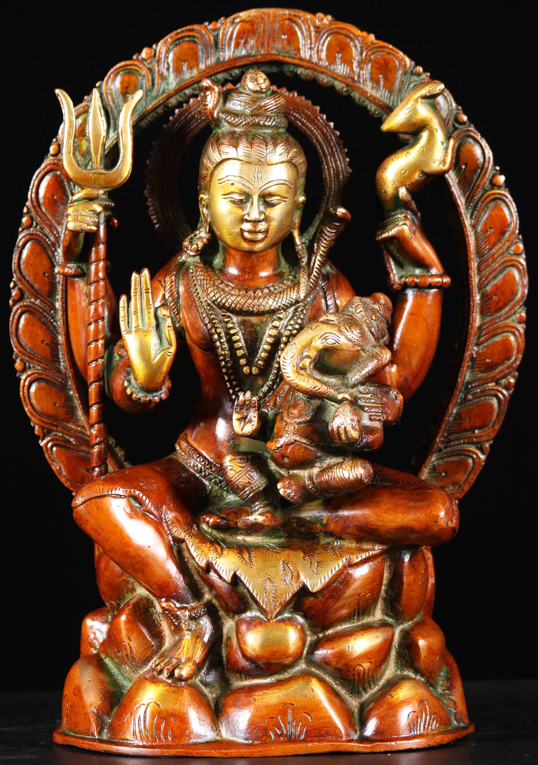Brass Shiva Statue with His Son, the Hindu God Ganesha as a Baby Seated on His Lap 12"