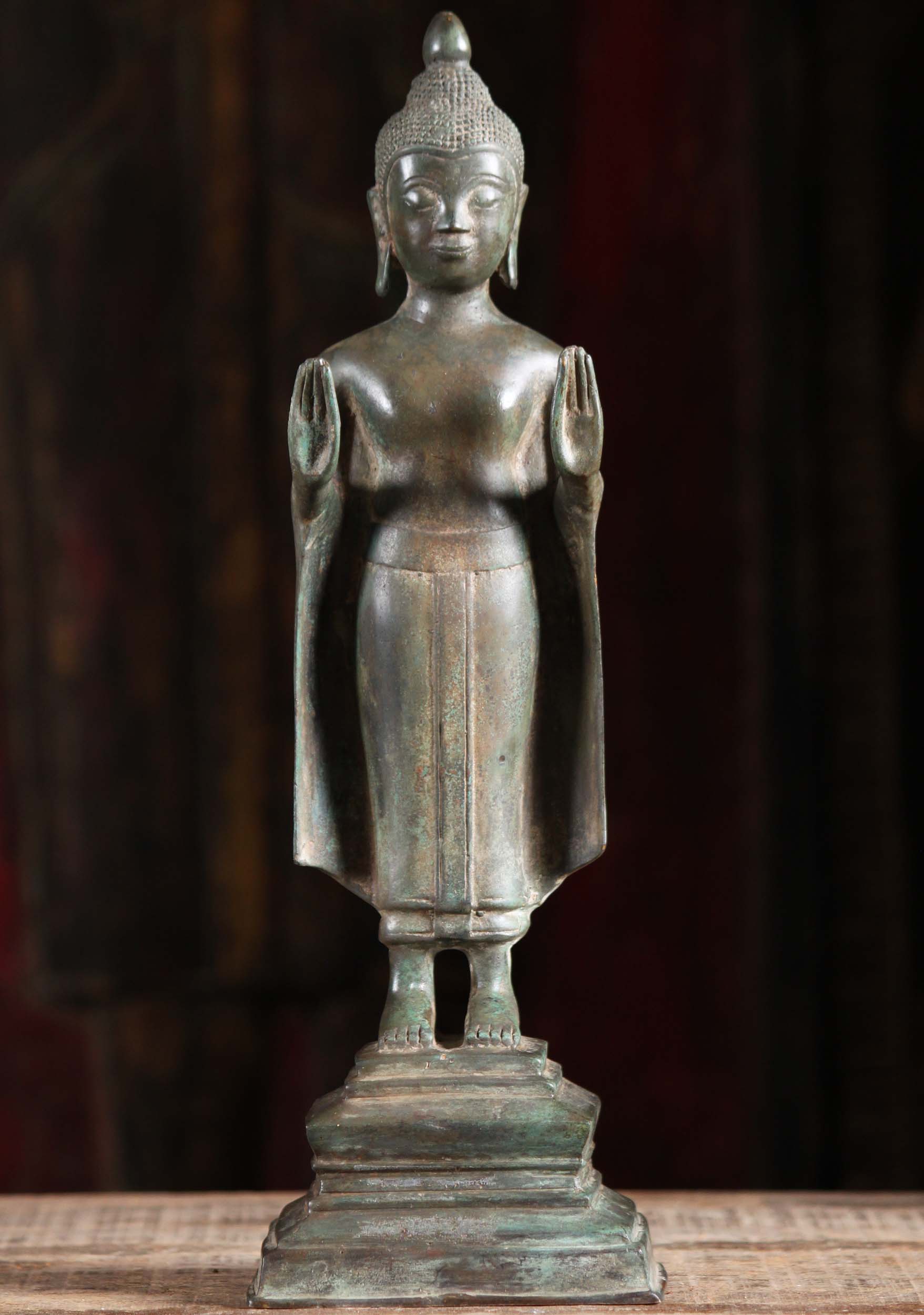 Classic Brass Standing Buddha Statue with Both Hands Raised Palms Open in Abhaya Mudra 14"
