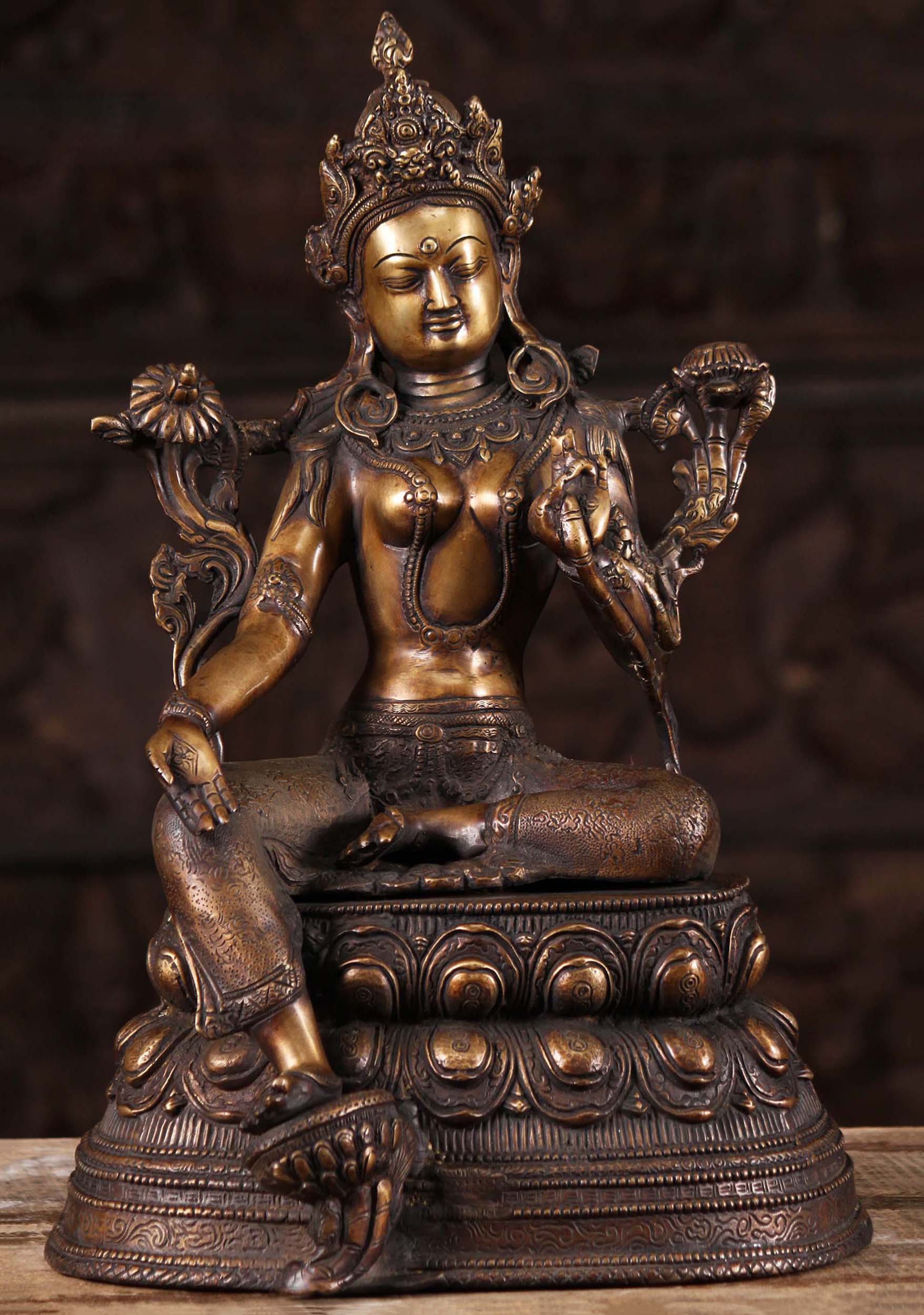 Brass Green Tara Statue Seated on Lotus Base Holding Blue Lotus