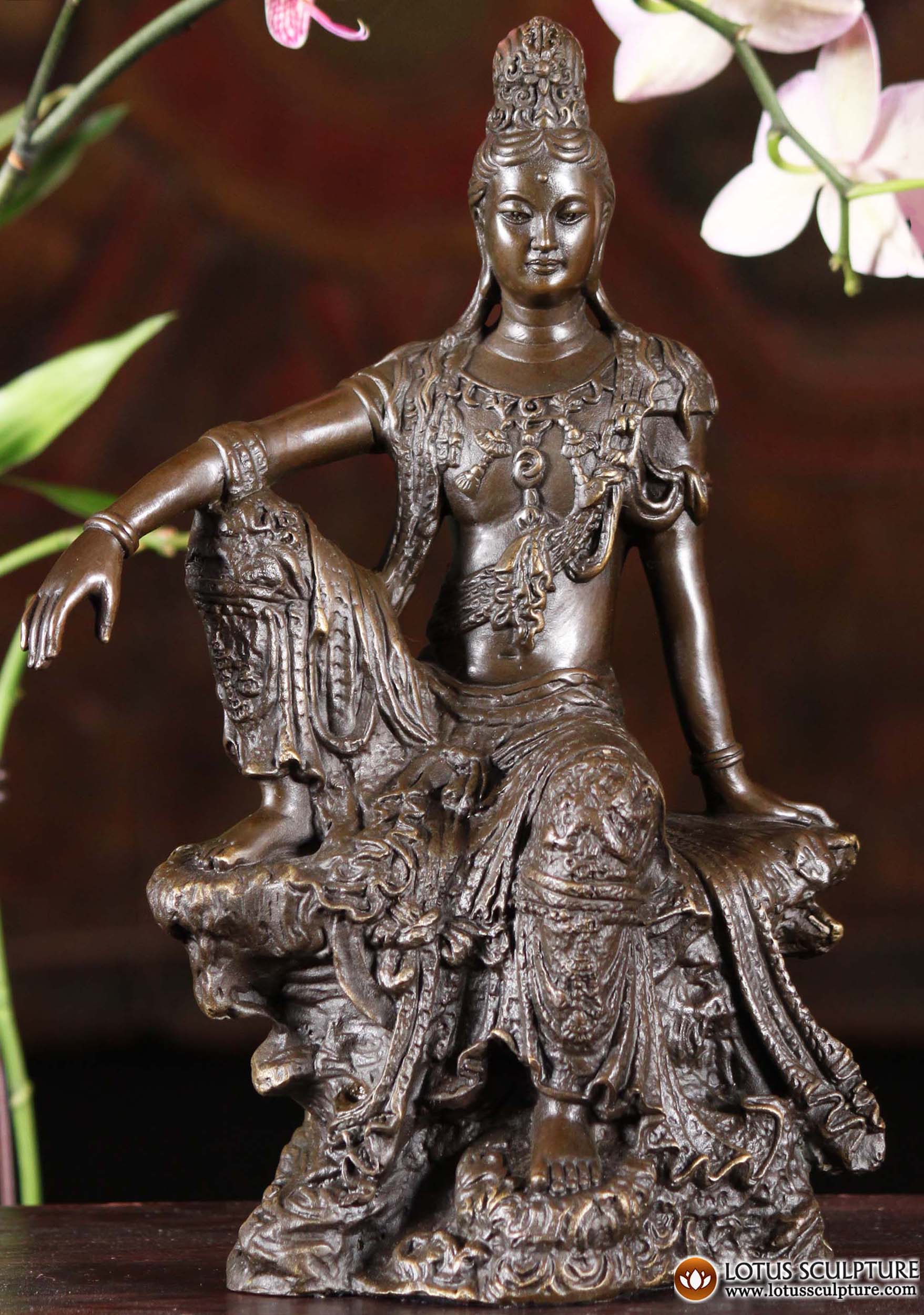 Bodhisattva Kwan Yin or Guan Yin Bronze Statue Peacefully Contemplating Existence on Rock 10"