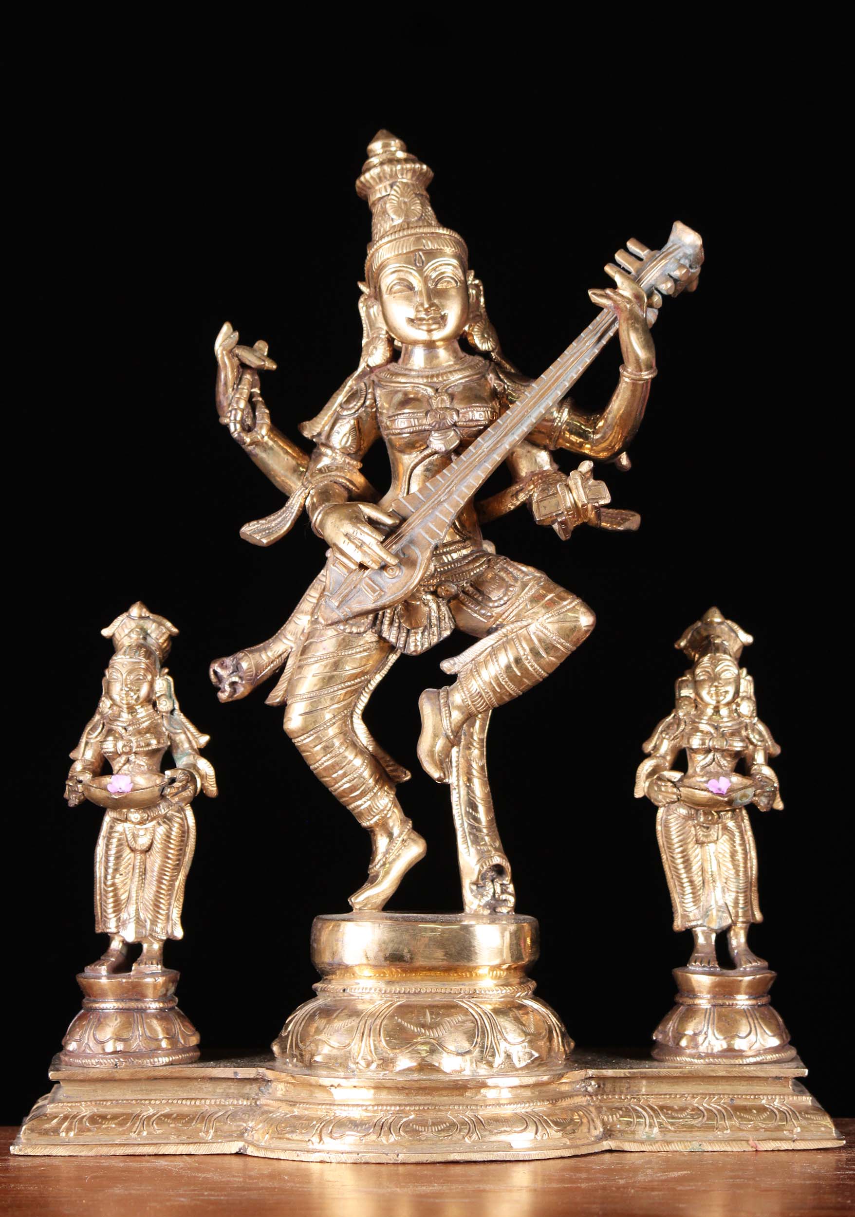 Bronze Saraswati With 2 Deepalakshmi Statues 13"