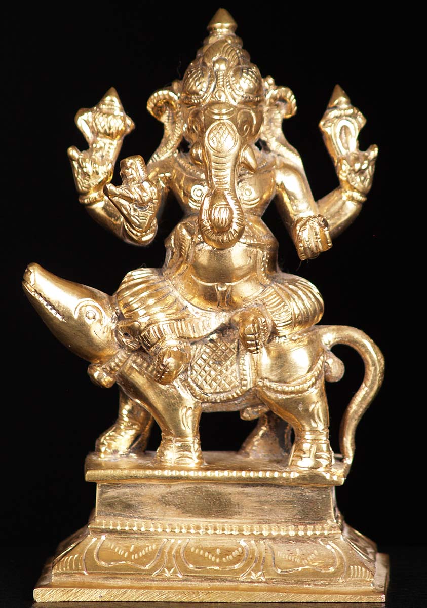 Bronze Ganesh Seated on Mooshika Statue 5"