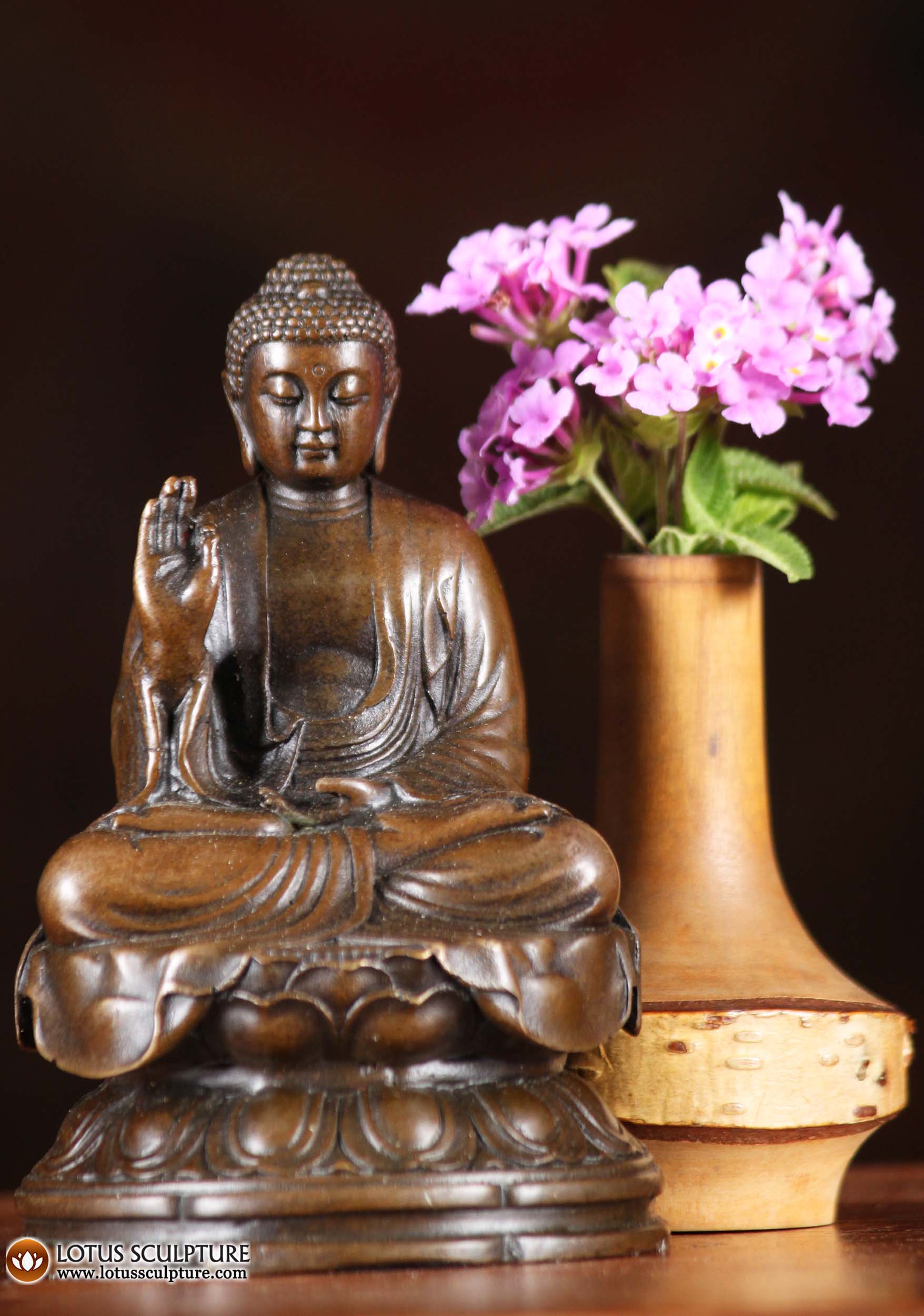 Small Bronze Japanese Buddha Sculpture Seated on Lotus Base in Vitarka Mudra of Teaching 4.5"