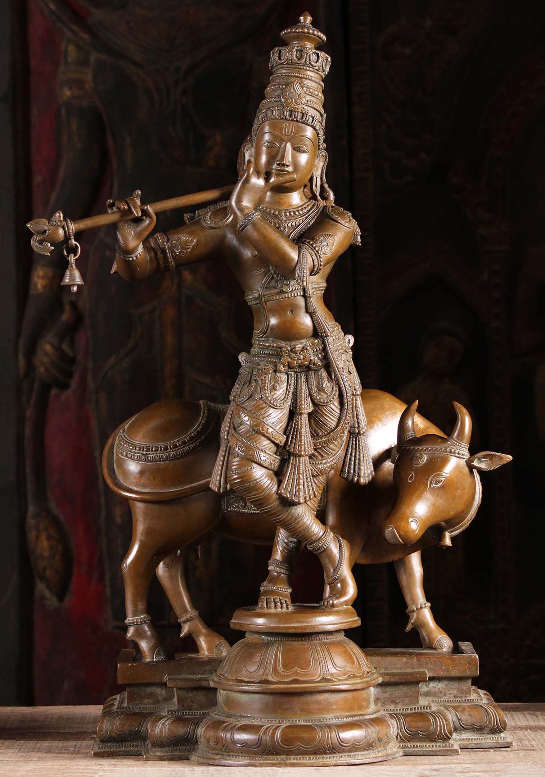 Bronze Gopal Krishna Statue with Cow 26"