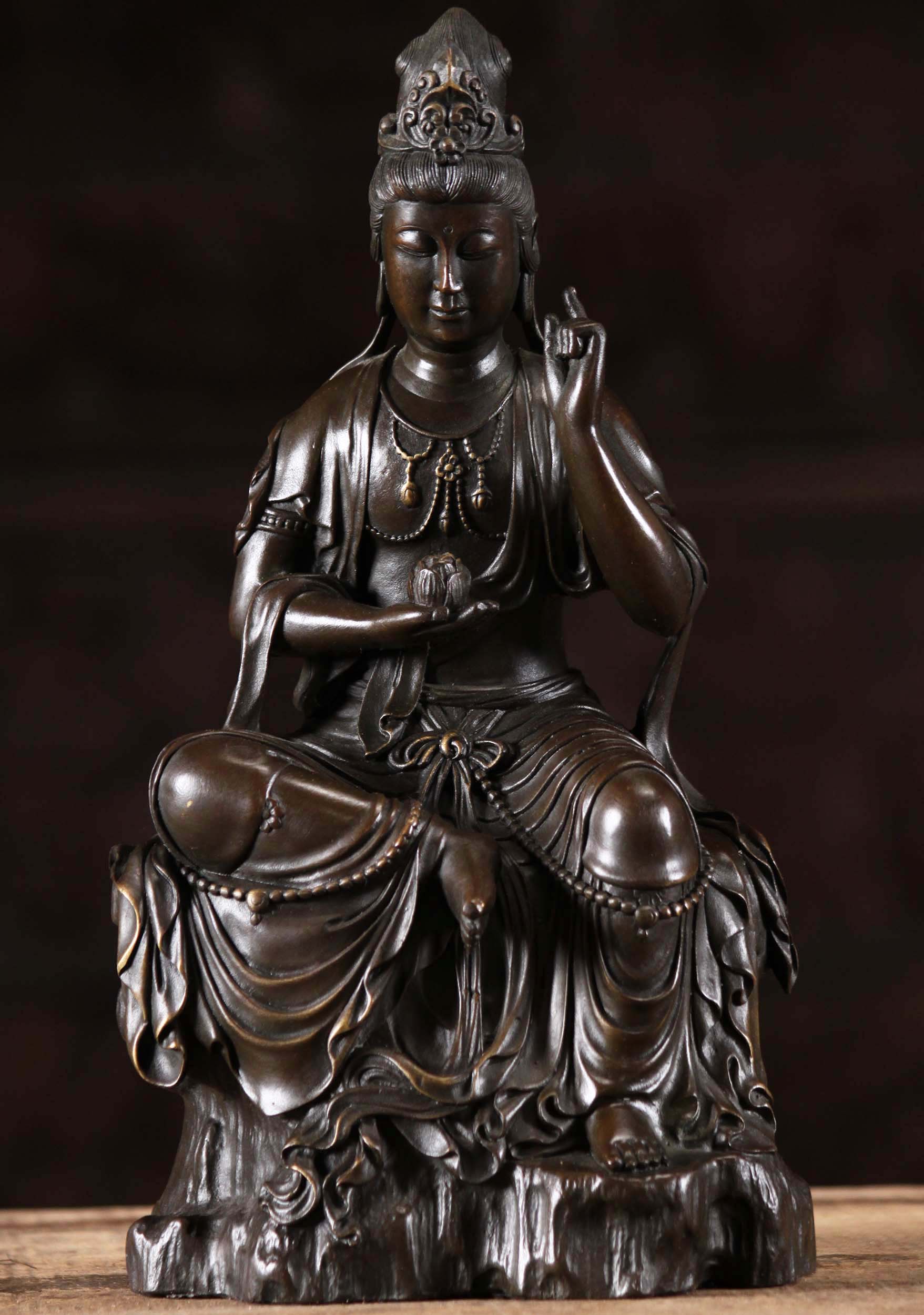 Bronze Kwan Yin Holding Flower Statue 11"