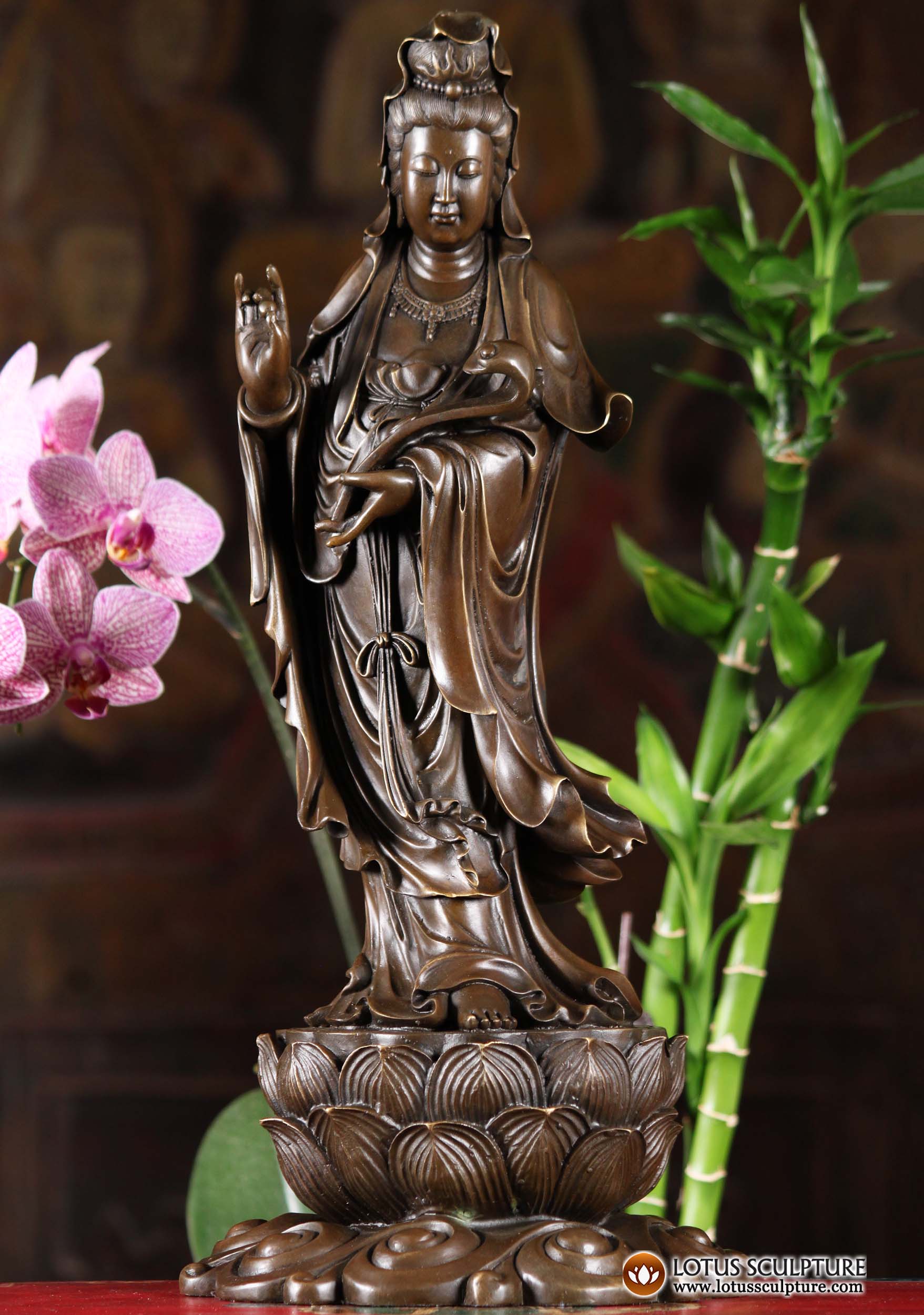 The Bodhisattva of Compassion Kwan Yin Bronze Statue Holding Wish Stick on Lotus Base  16"