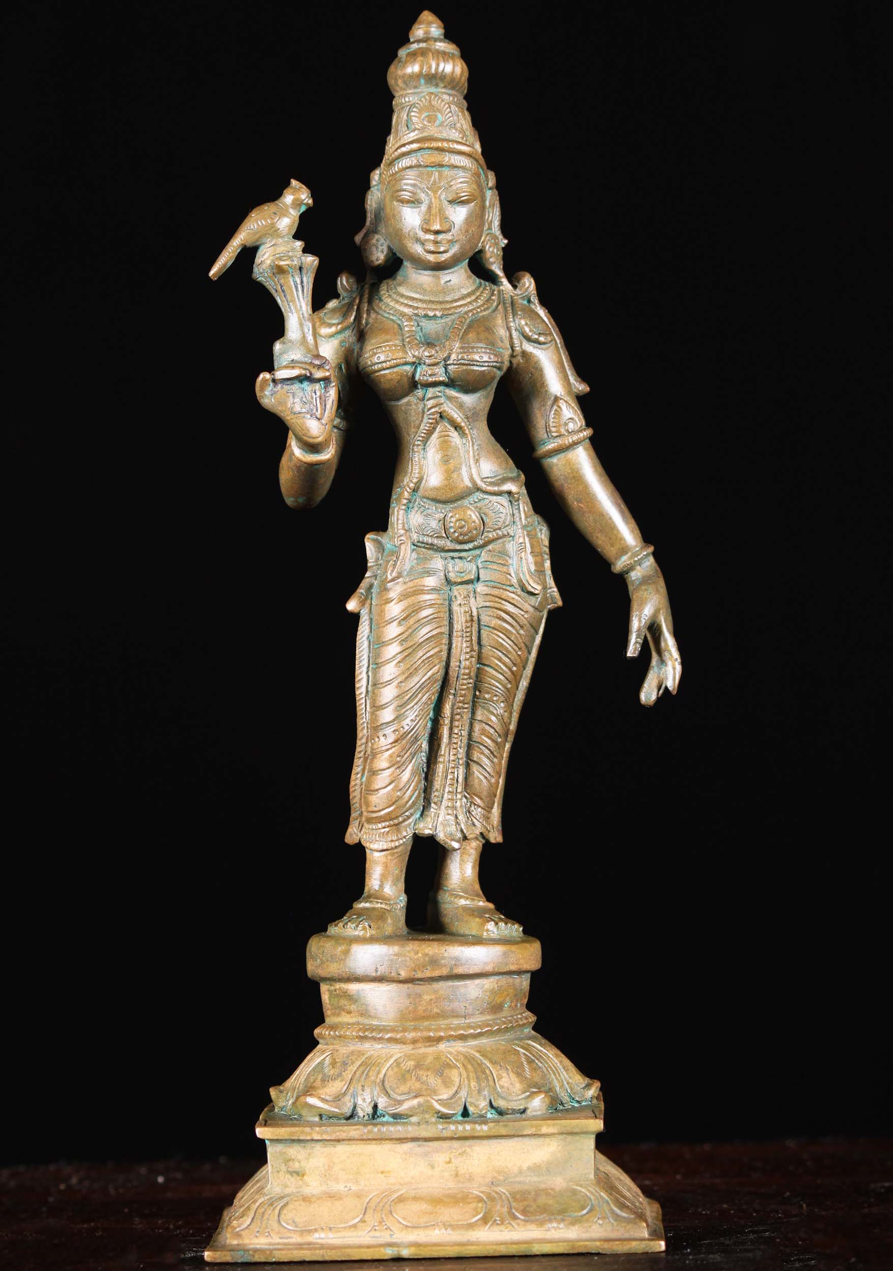 Bronze Meenakshi of Madurai Statue with Parrot 11"