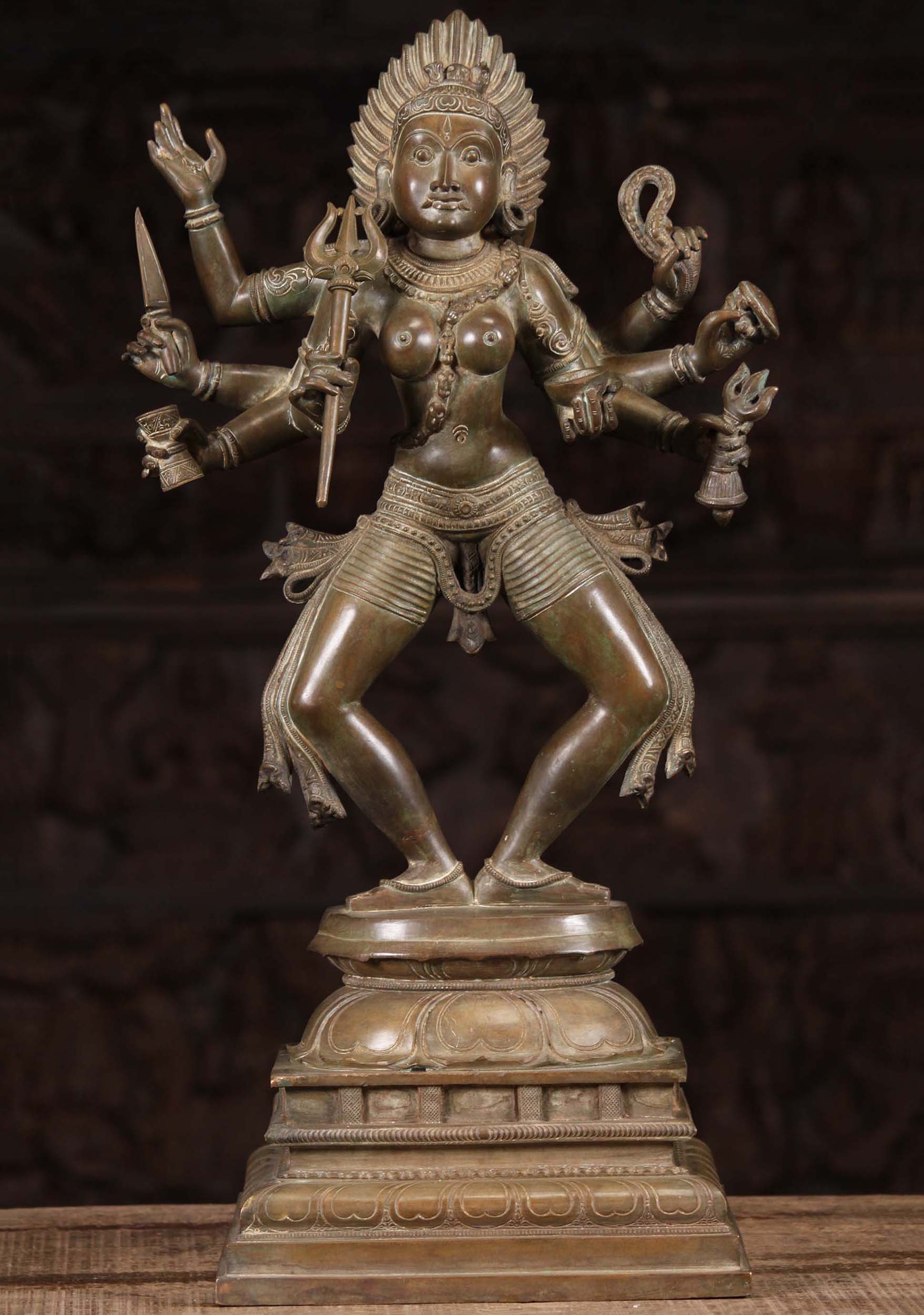 Pa Vakantie Arbitrage Bronze Dancing Kali with 8 Arms Holding Trident, Drum, Knife, Noose,  Shield, Bell & Skull Cup 24" (#118b26): Hindu Gods & Buddha Statues