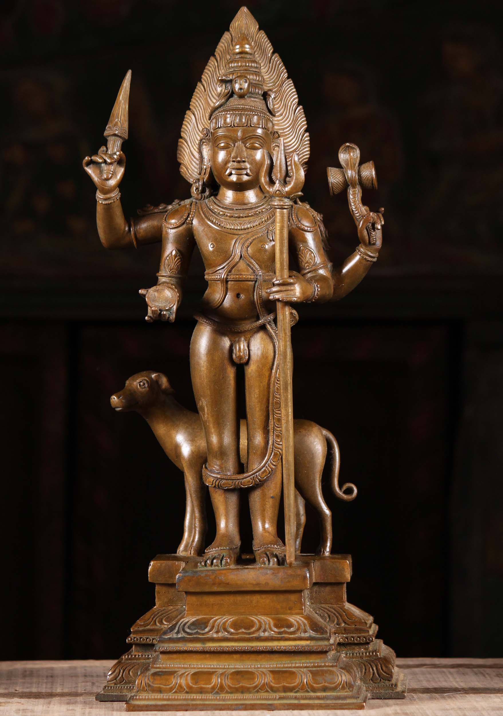 Bronze Shiva Statue as Bhairava Holding Trident 15"