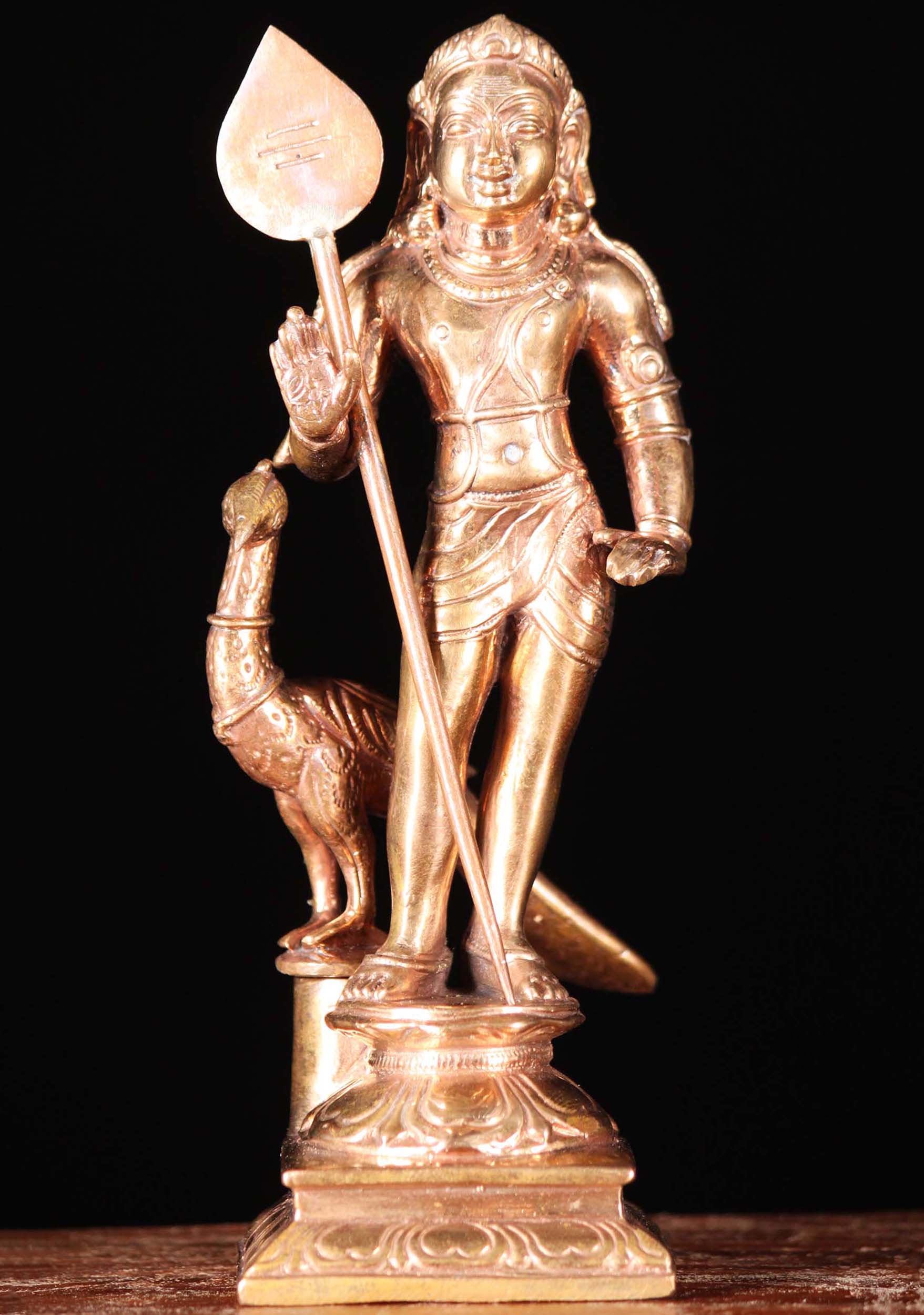 Bronze Small Murugan with Peacock & Vel 6"
