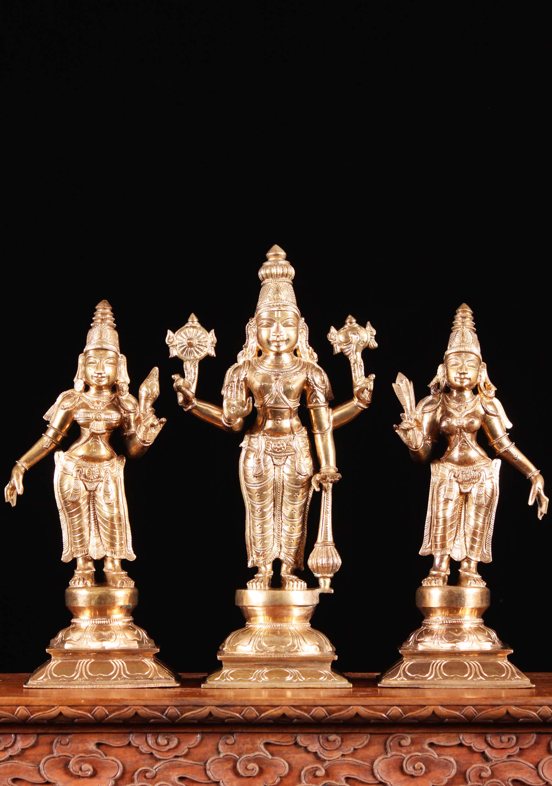 SOLD Bronze Vishnu Statue With Shreedevi & Bhudevi 12