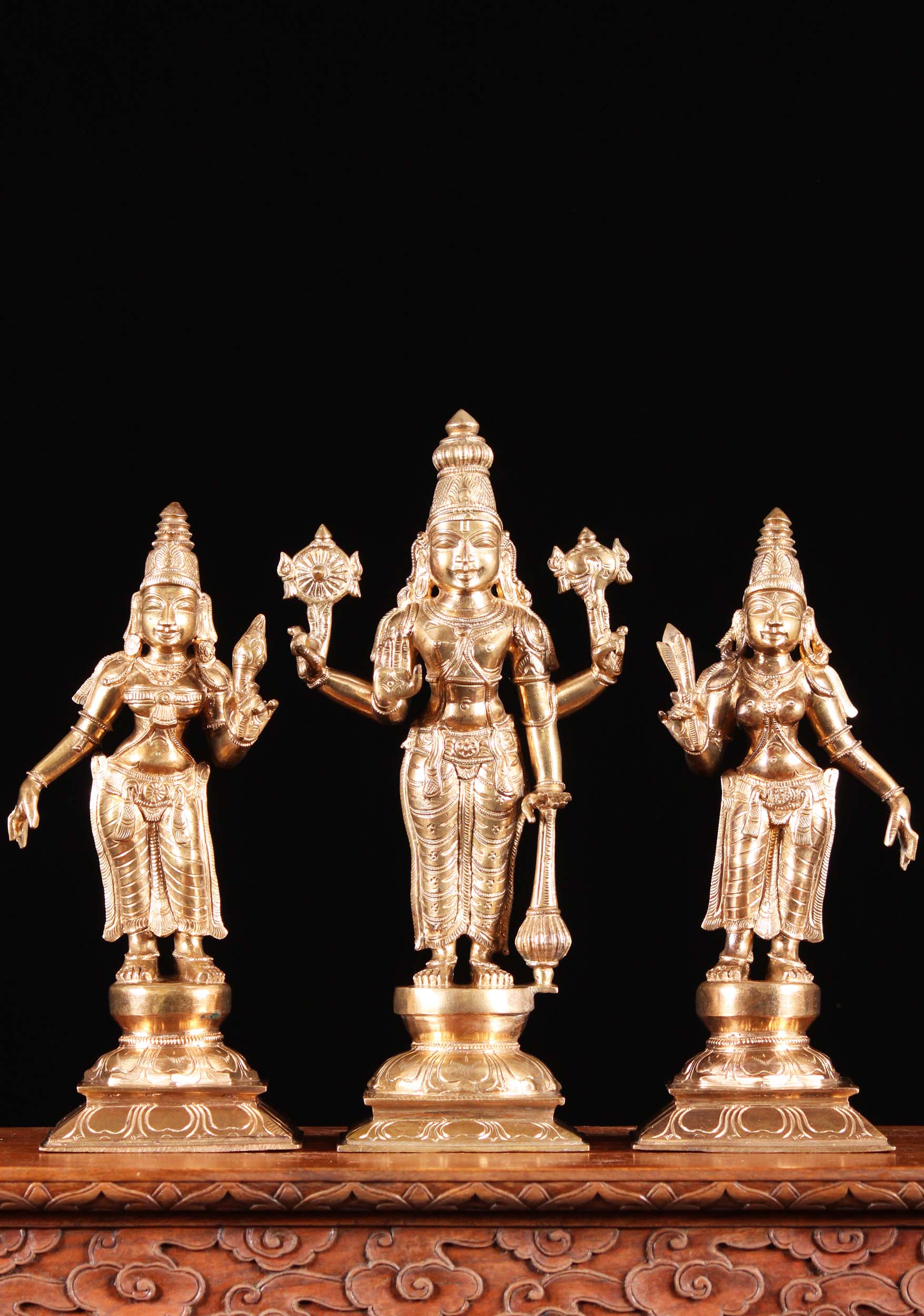 Bronze Vishnu Statue With Shreedevi & Bhudevi 12"