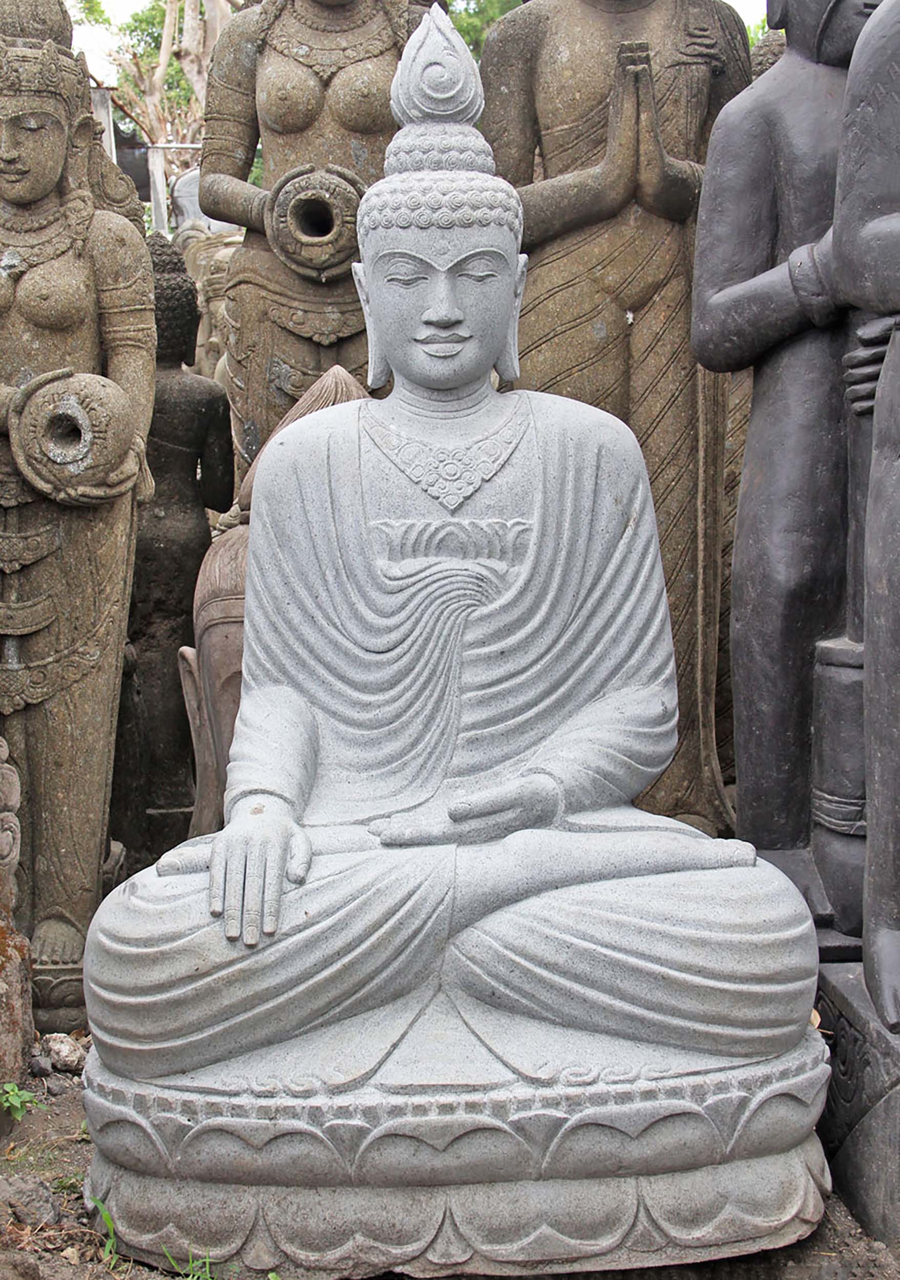 Stone Earth Touching Buddha Statue with Flame 56"