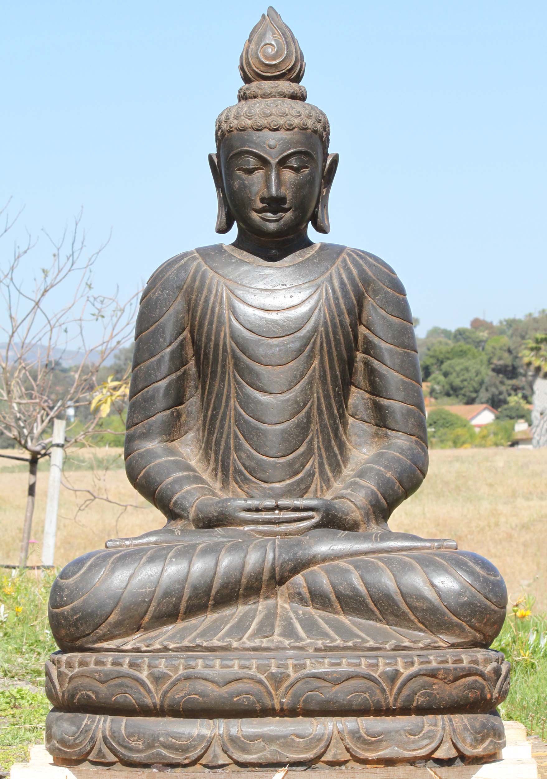 Stone Meditating Buddha with Flame Finial 39"