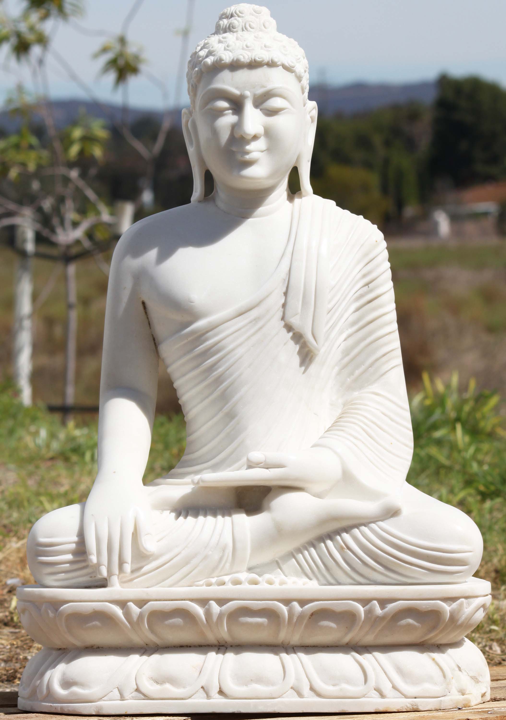 White Marble Earth Touching Buddha Statue 29"