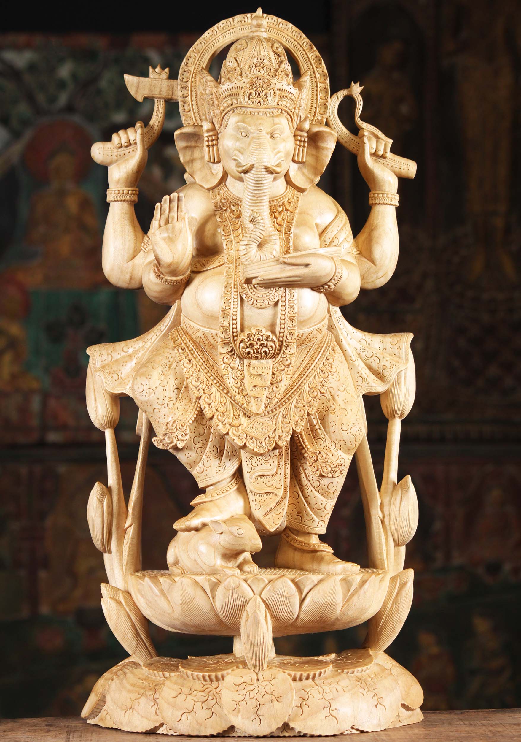 Wood Ganesha Statue Standing Above Lily Pond on Blooming Lotus Flower with  Rat Underfoot 25"