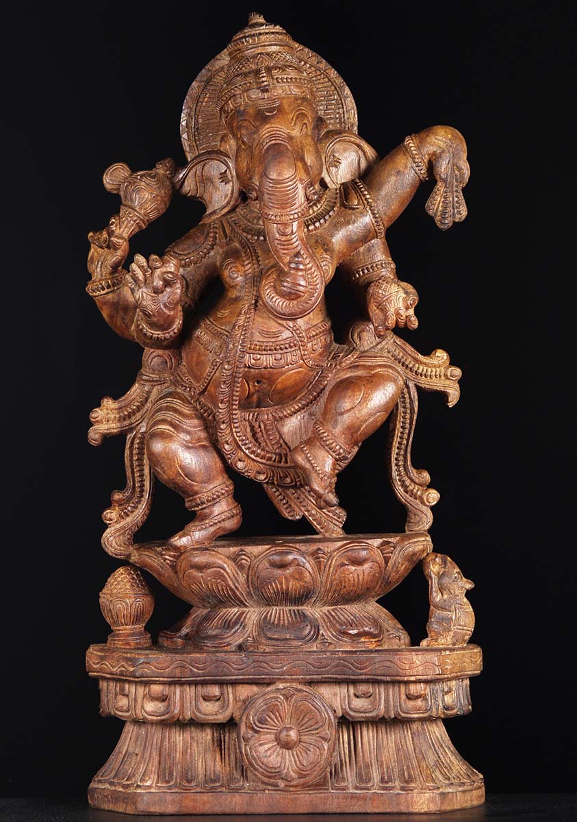 Dancing Ganapathi Wood Statue 30"