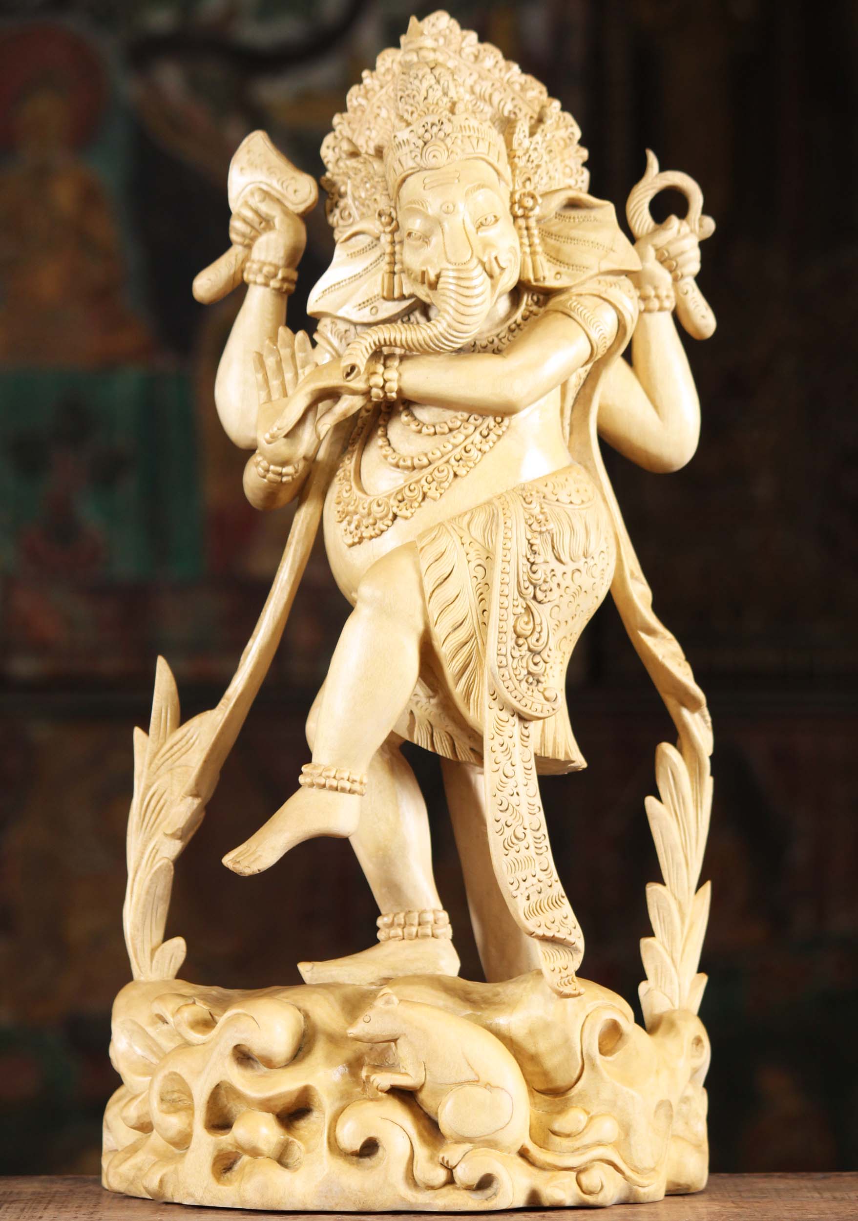 Wooden Ganesh Statue Dancing in the Pose of His Father, Shiva as the Lord of Dance, Nataraj 20"
