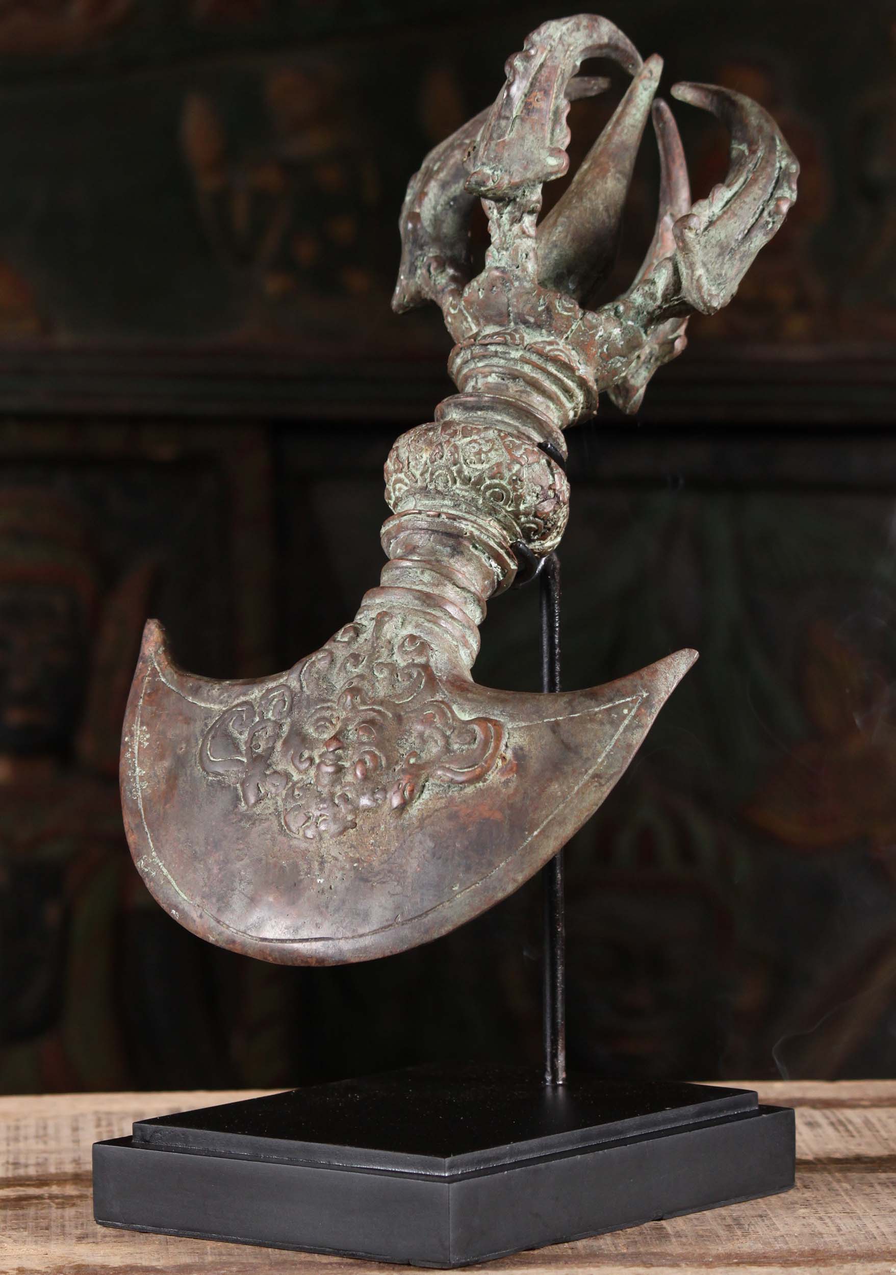 Brass Dorje With Kartika, Tibetan Ax on Stand 16"