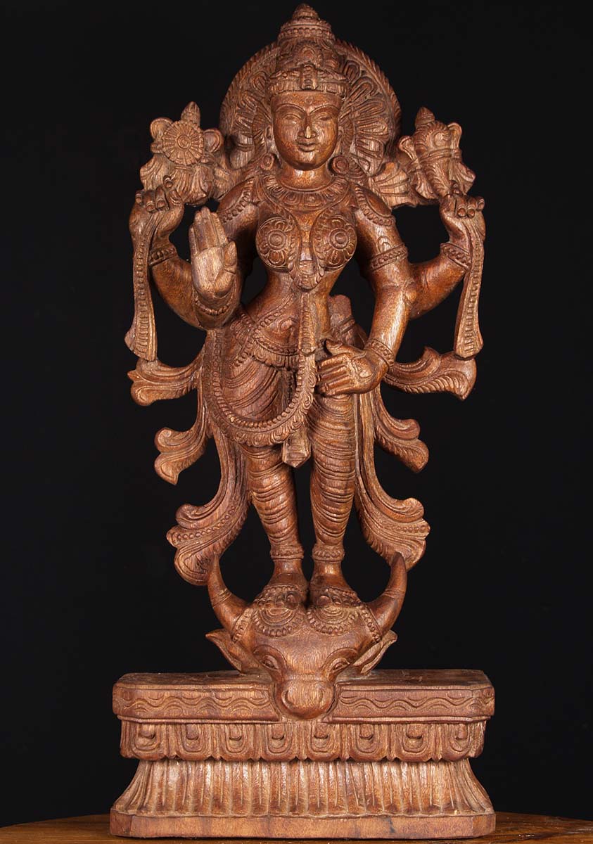 Wood Durga Standing on Buffalo Head 25"