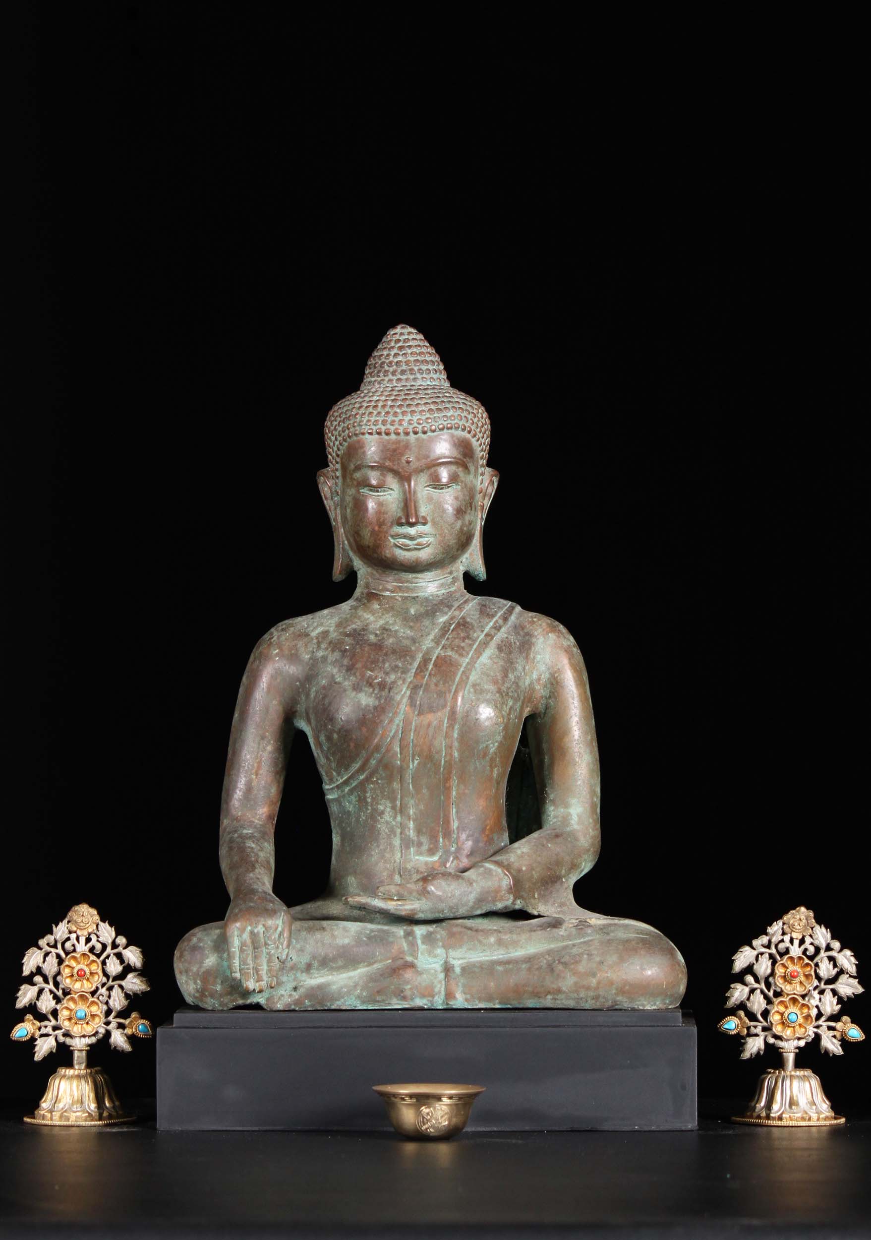 Javanese Brass Earth Touching Buddha Statue Seated in Half Lotus Pose  on Wood Stand 18"