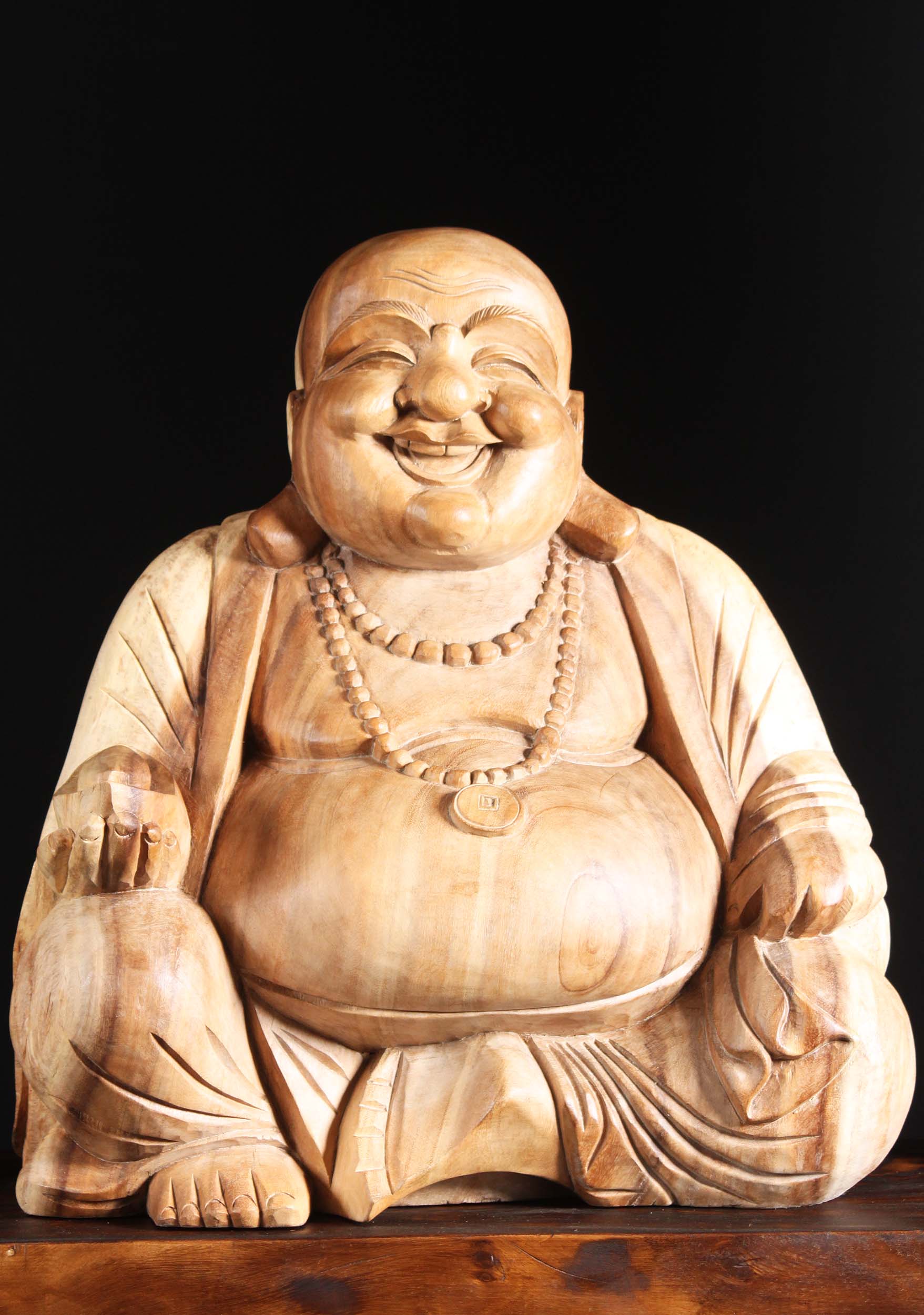 Light Colored Wooden Fat & Happy Hotei Buddha of Wealth & Prosperity Statue 21"