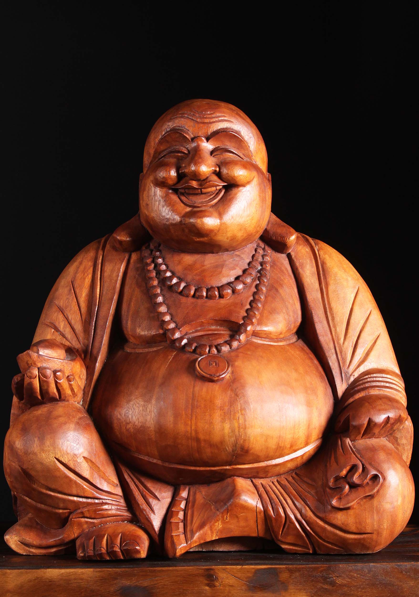 Wood Seated Fat & Happy Buddha of Wealth 23"