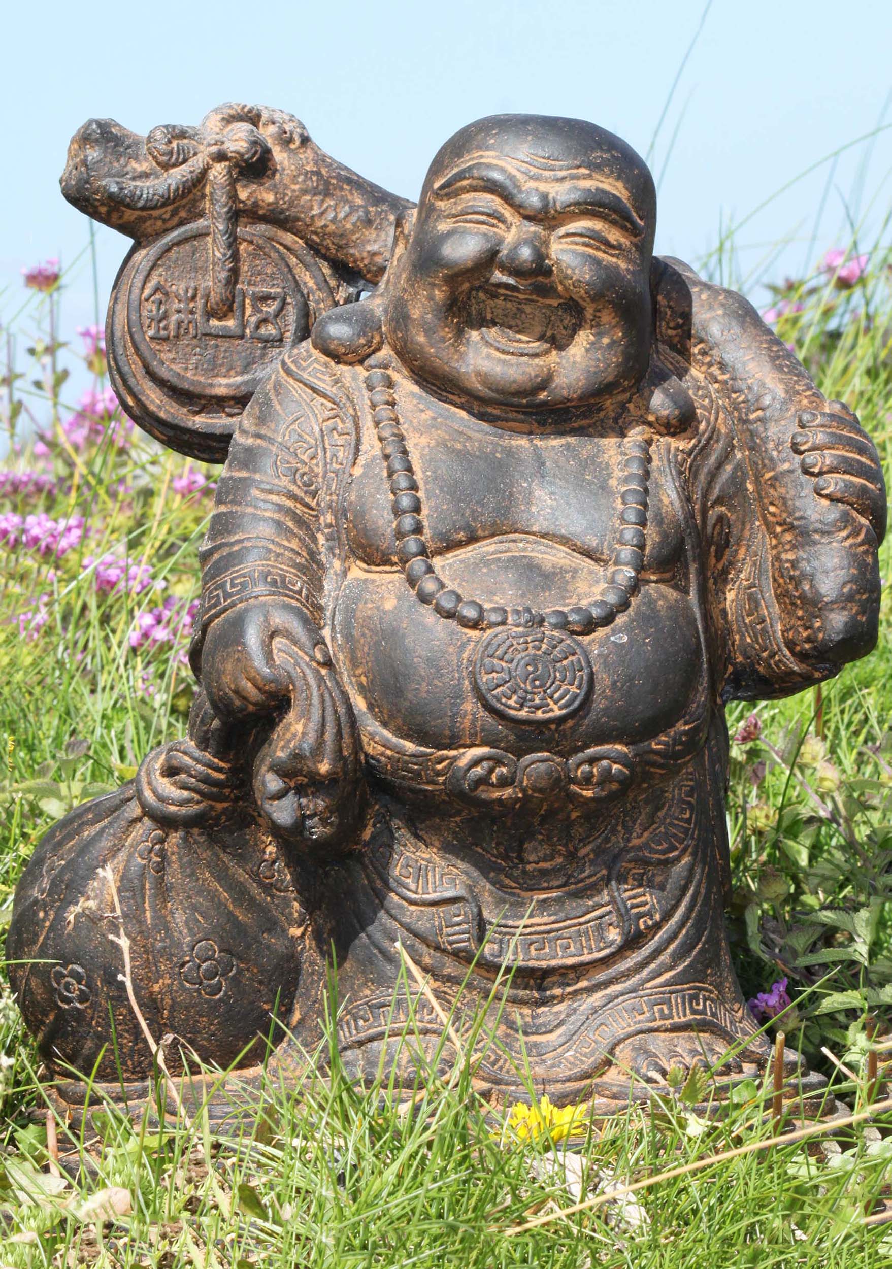 Stone and Resin Fat & Happy Garden Buddha Holding Gold Sack Perfect for Home Garden 12"